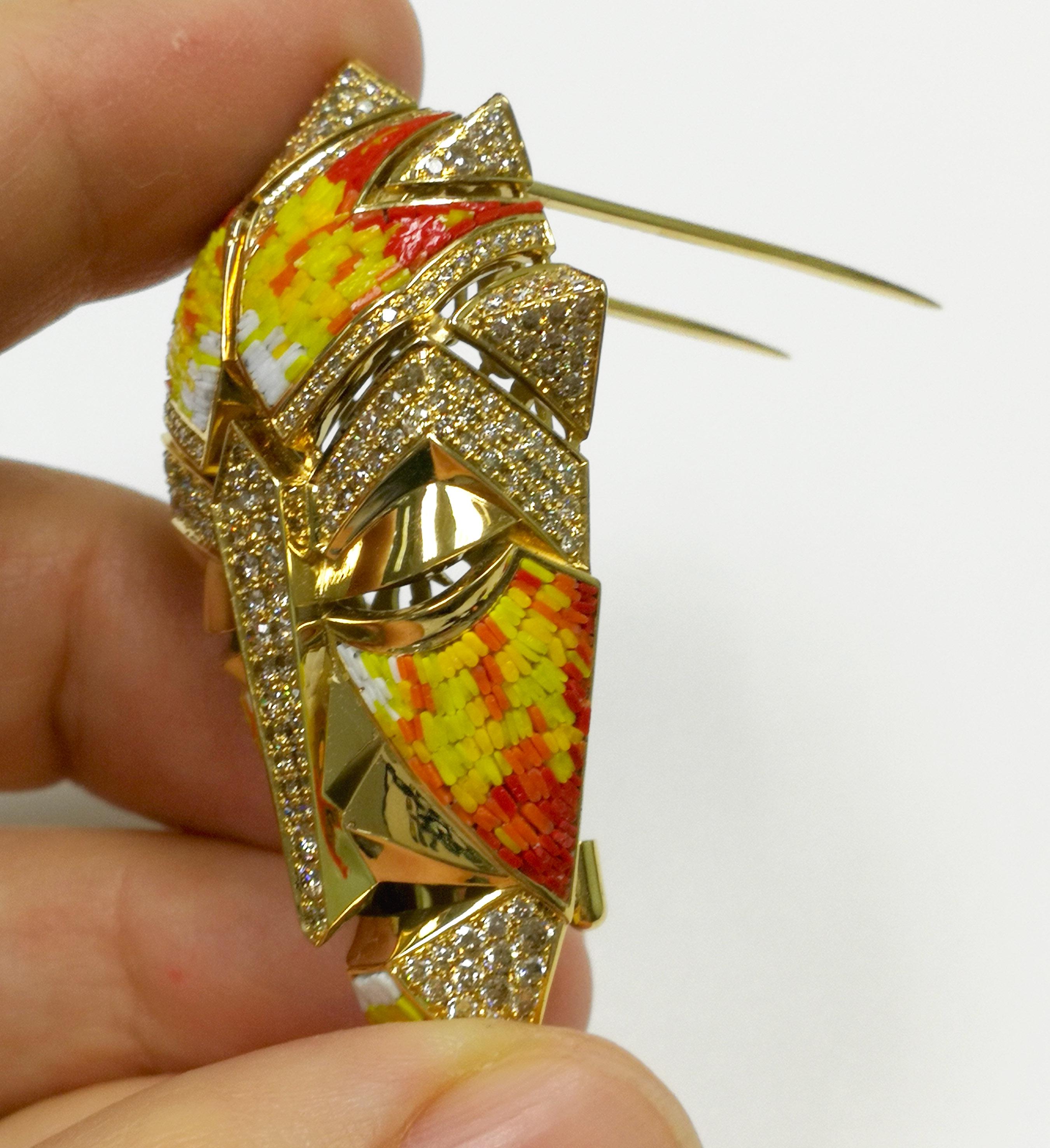 Women's or Men's Micromosaic Champagne Diamonds 18 Karat Yellow Gold Shaman Mask Brooch For Sale