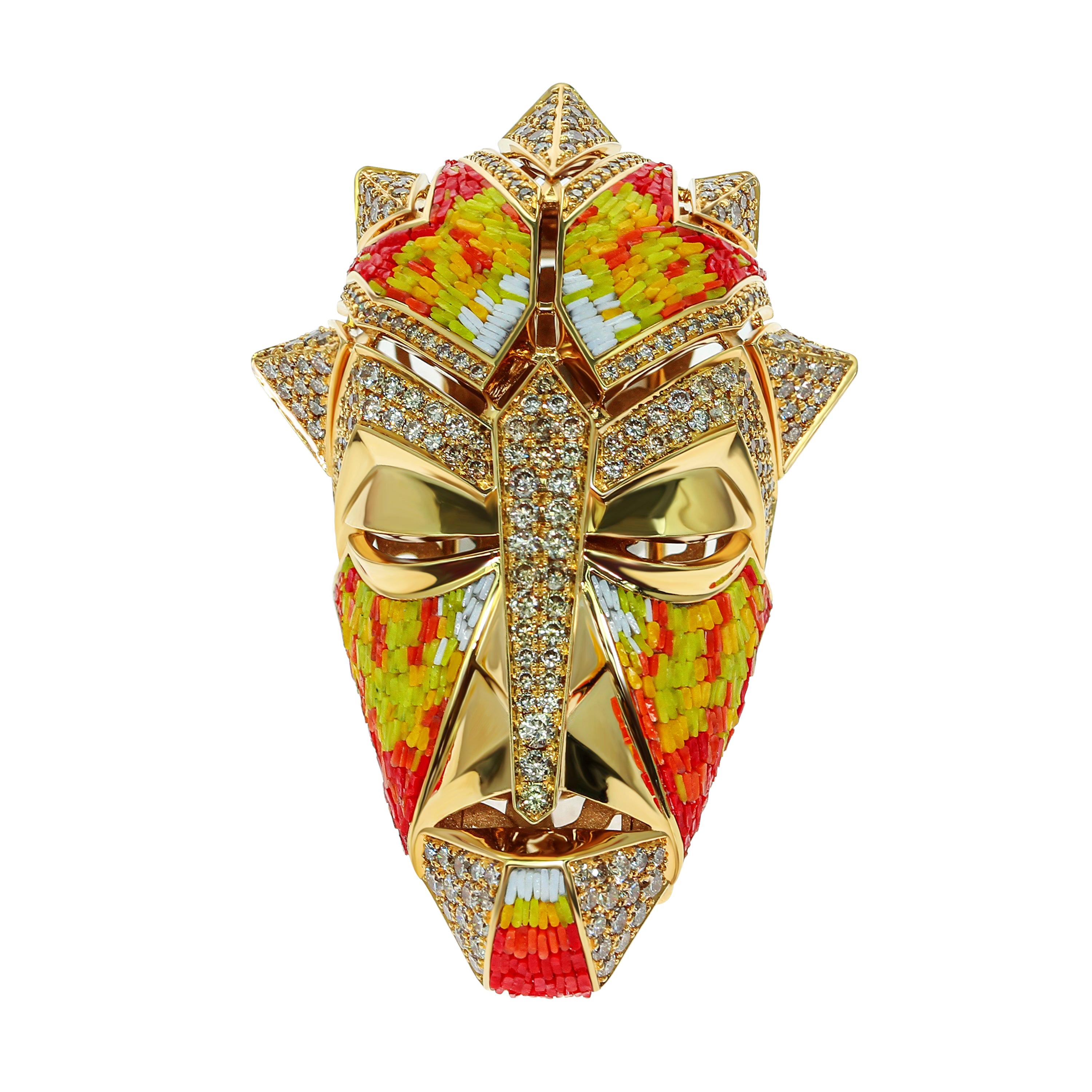 Micromosaic Champagne Diamonds 18 Karat Yellow Gold Shaman Mask Brooch For Sale