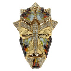 Micromosaic Champagne Diamonds 18 Karat Yellow Gold Shaman Mask Brooch Pendant