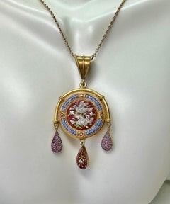 Micromosaic Love Bird Dove Locket Necklace Etruscan Revival Victorian 14k Gold