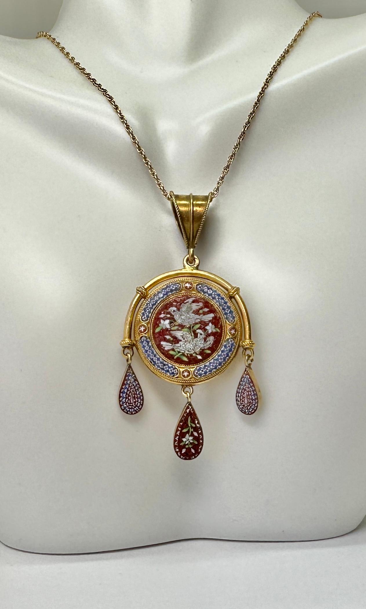 Micromosaic Love Bird Dove Locket Necklace Etruscan Revival Victorian 14k Gold For Sale 1