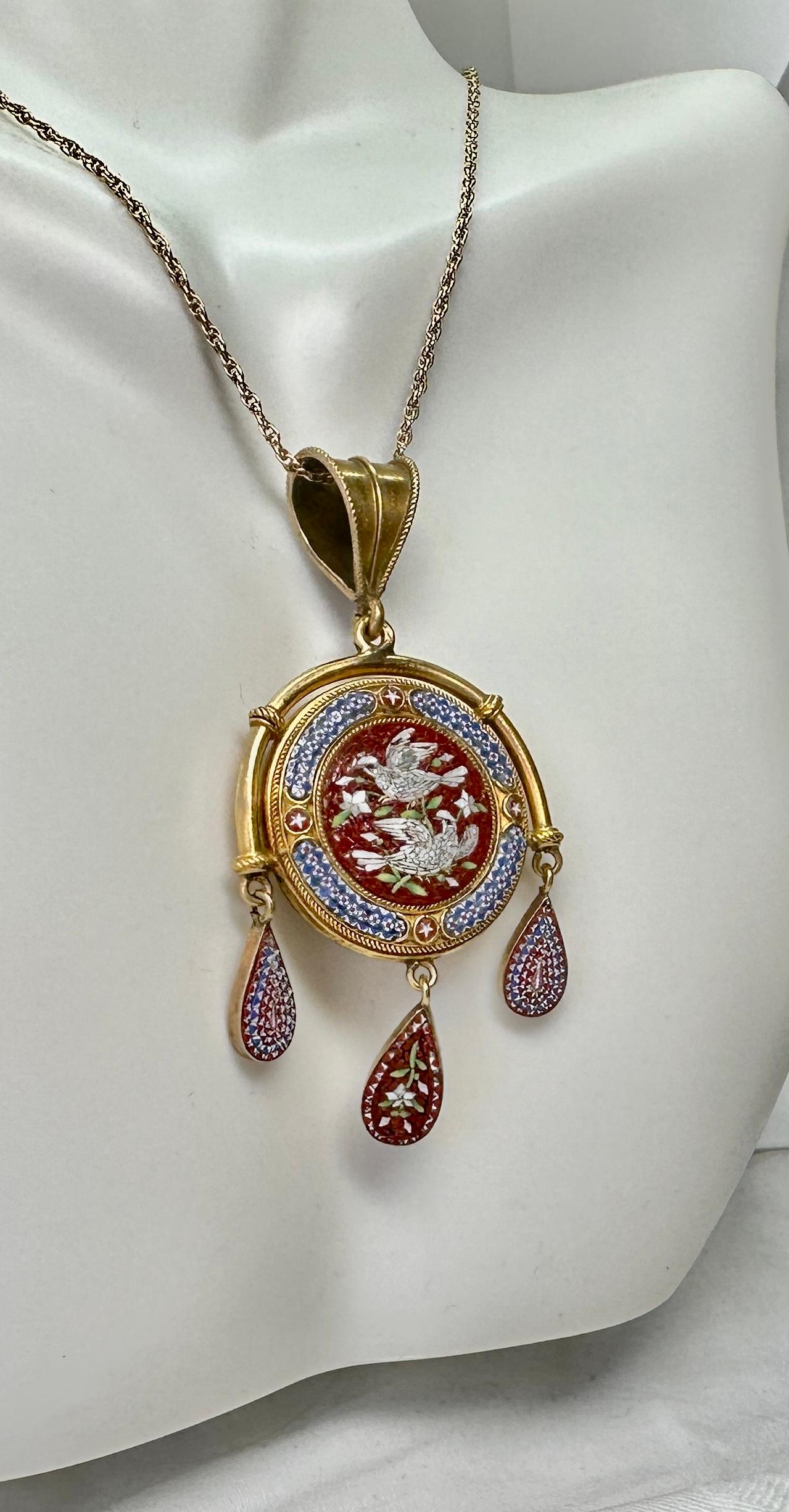 Micromosaic Love Bird Dove Locket Necklace Etruscan Revival Victorian 14k Gold For Sale 4