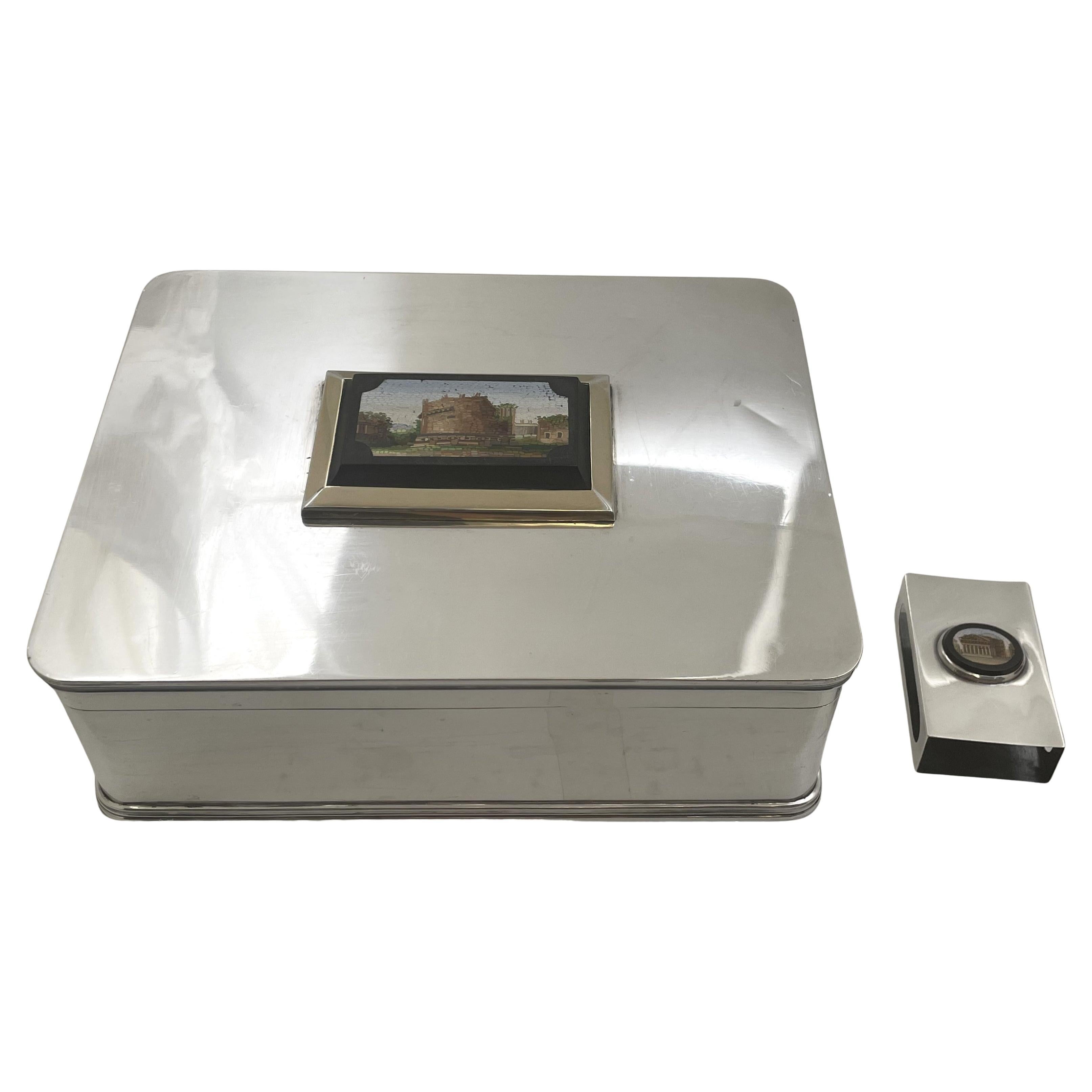 Micromosaic & Sterling Silver Italian Humidor Cigar Box & Matchbox Holder