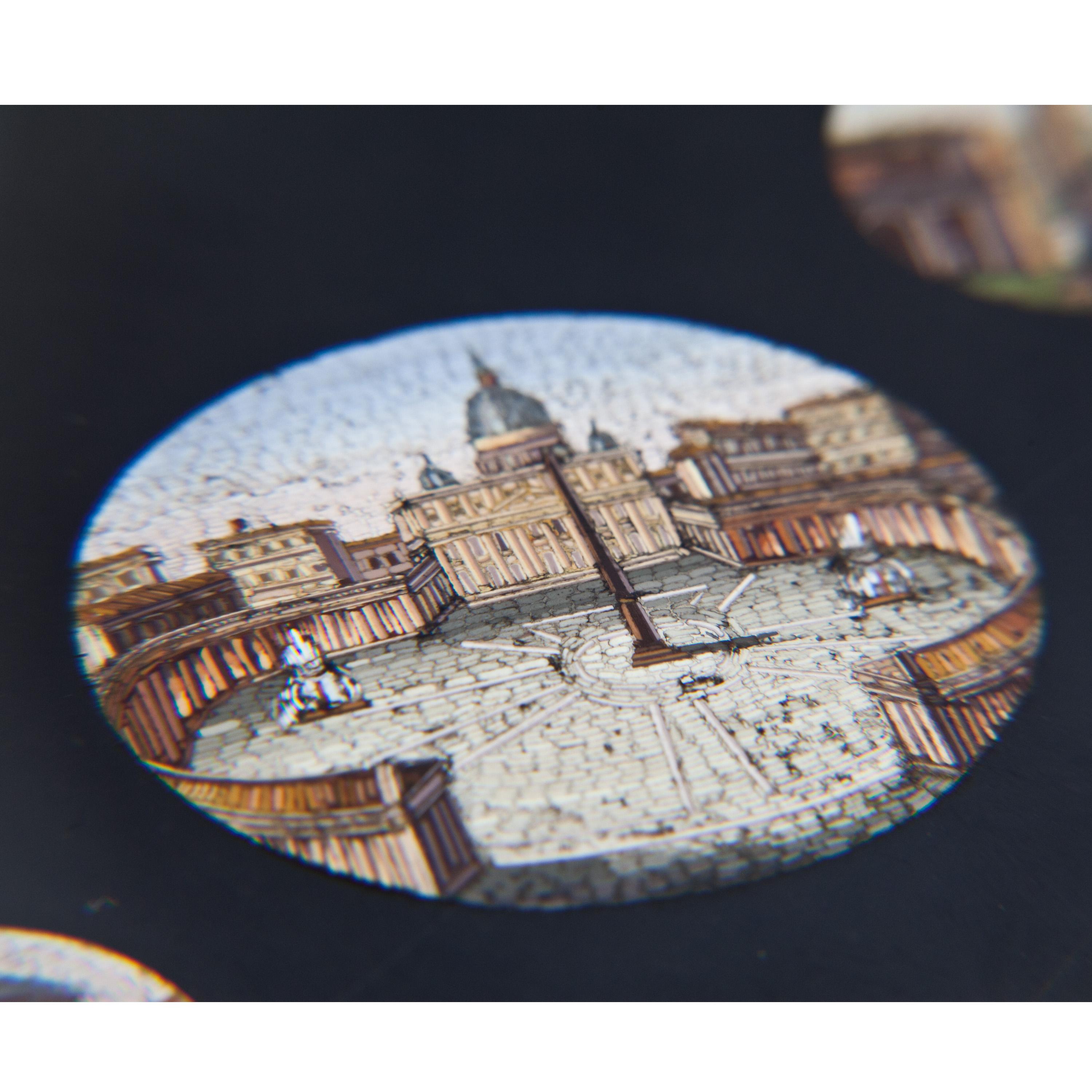 Five micromosaics inlaid in black marble with views of Rome: Colosseum, style Peter's square, Roman Forum, Pantheon and Temple of Vesta/Hercules Victor.