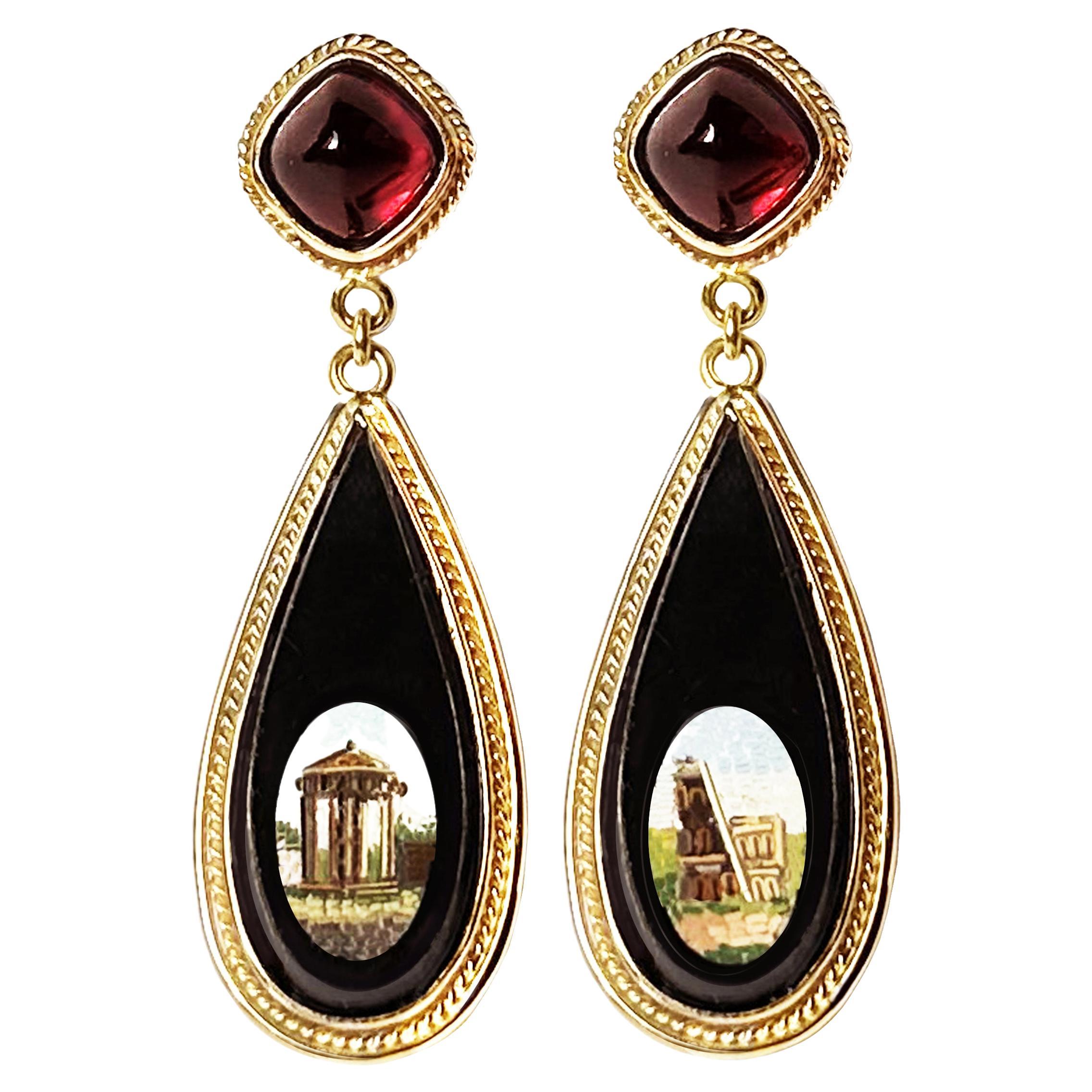 Micromosaics  depicting Colosseum and Temple of Vesta 18 kt Gold Earrings   For Sale