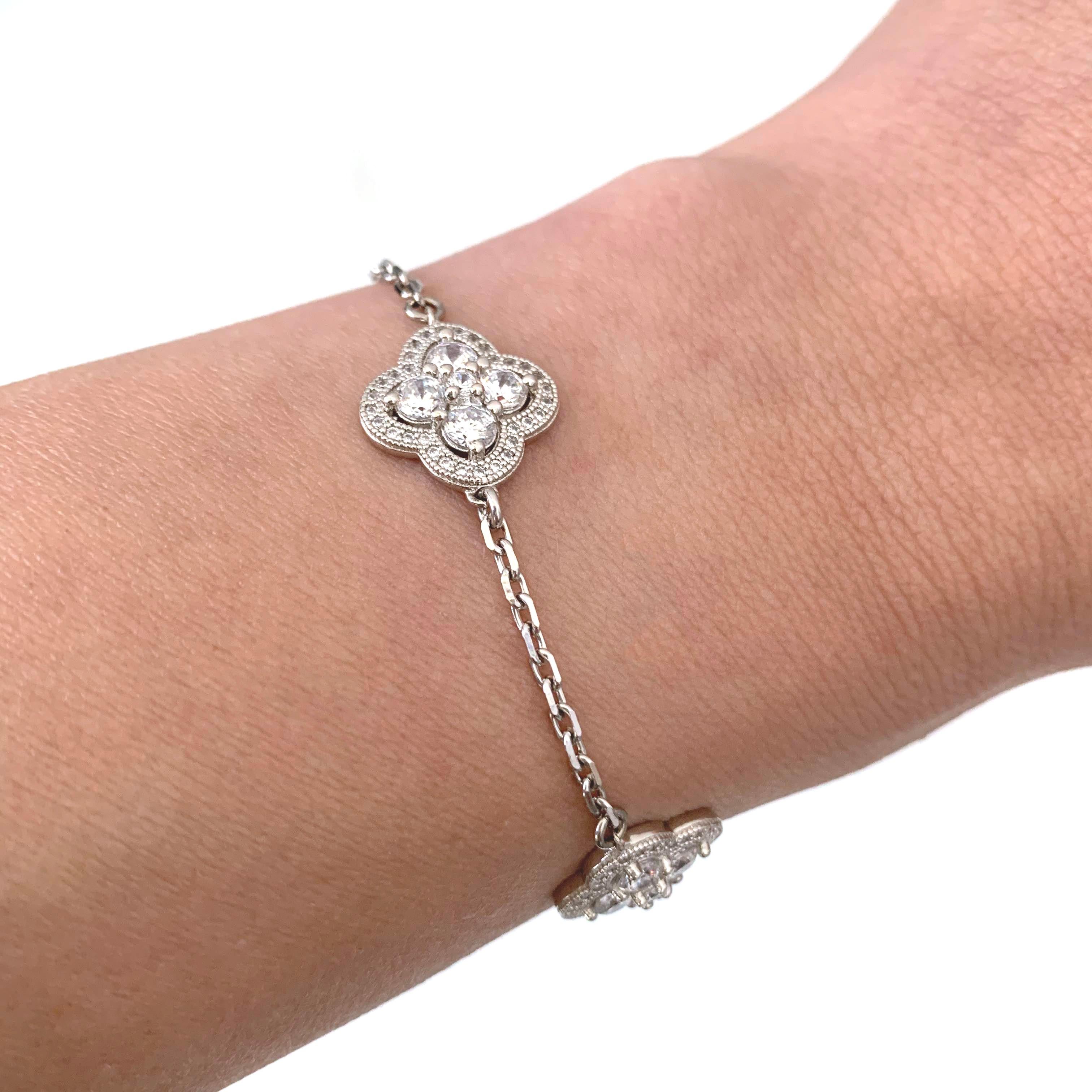 Women's Micropave Faux Diamond Clover Station Bracelet