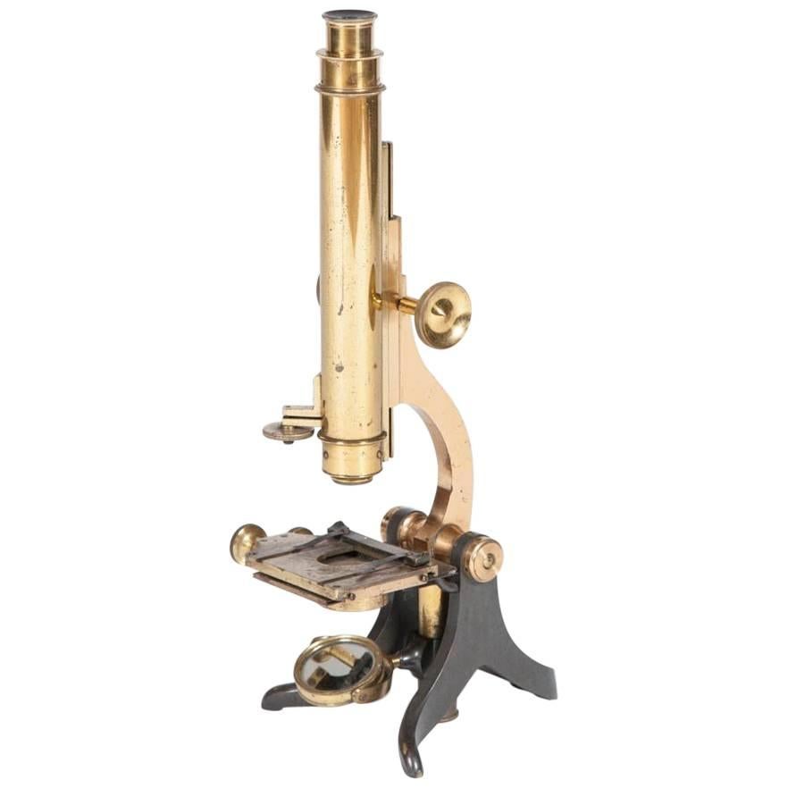 A cased brass monocular microscope, the foot marked W. F. Archer 43 Lord St. Liverpool. 

Original lacquer, rack and pinion focusing with fine focus to front of barrel, adjustable damascened stage, with spring slide clip, and plano concave mirror.
