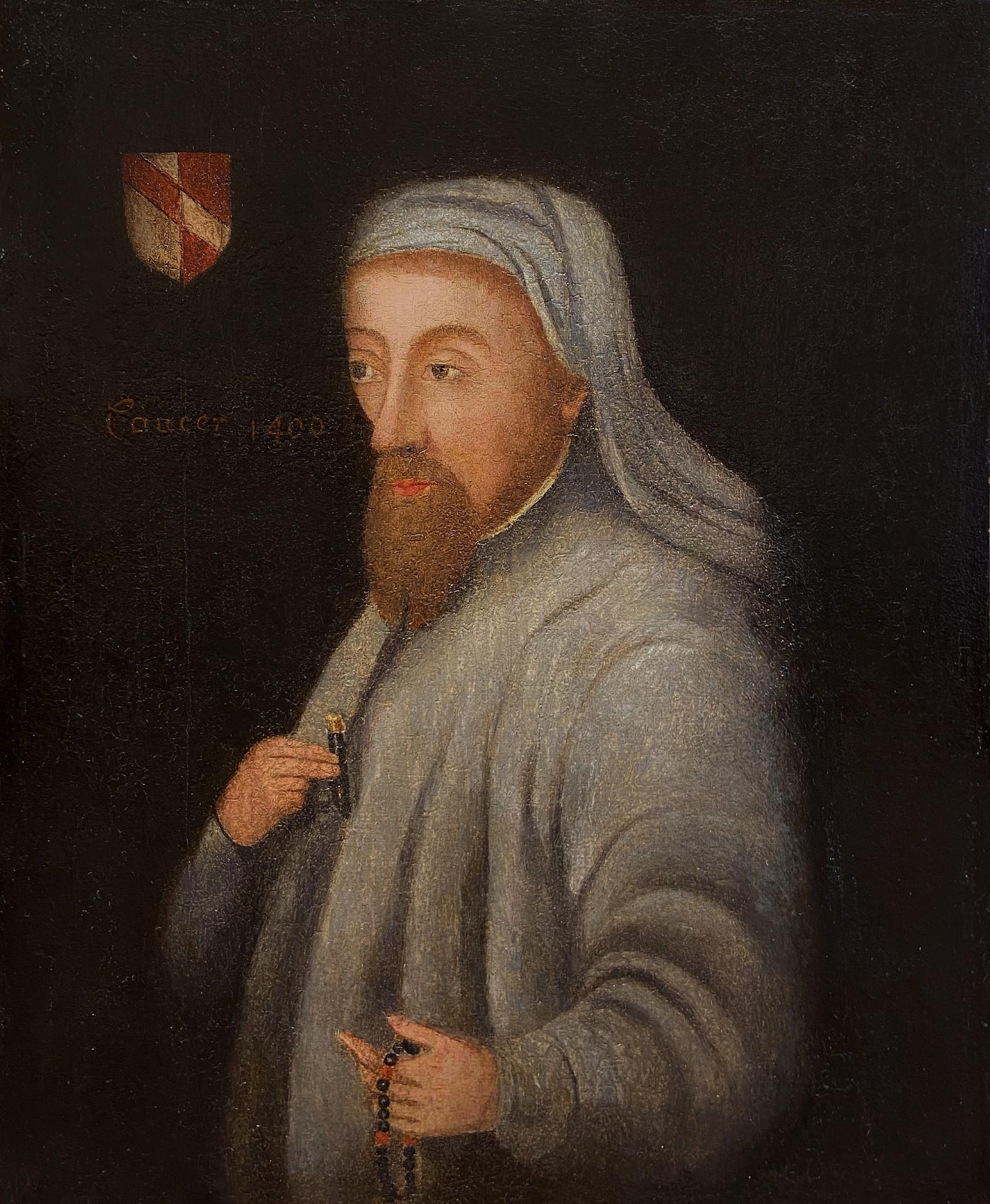 Mid 16th Century English School Portrait Painting - Portrait of Geoffrey Chaucer, Oil on Oak Panel Portrait, 16th Century
