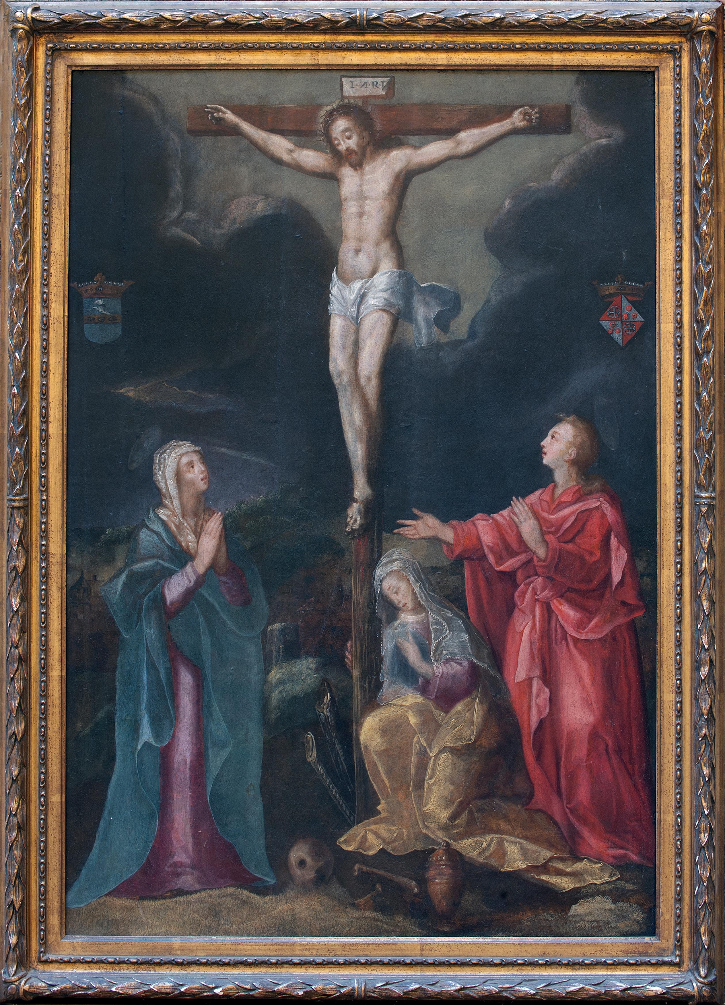 This antique and impressive oil on wood board represents a religious scene with the Crucifixion of Jesus with the Madonna, Magdalene, and St. John.
Stylistically linked to the Netherlands area during mid-16th century. 
Specifically to the painting