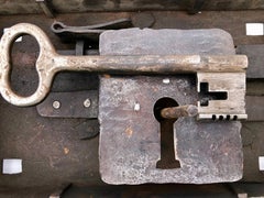 Mid-1700s French Hand-Wrought Iron Very Large Lock with Forged Key, Louis XV