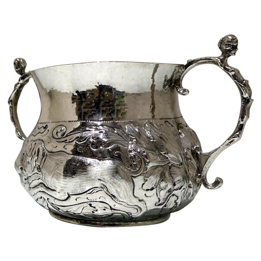 Mid-17th Century Antique Charles II Large Sterling Silver Porringer, London 1665