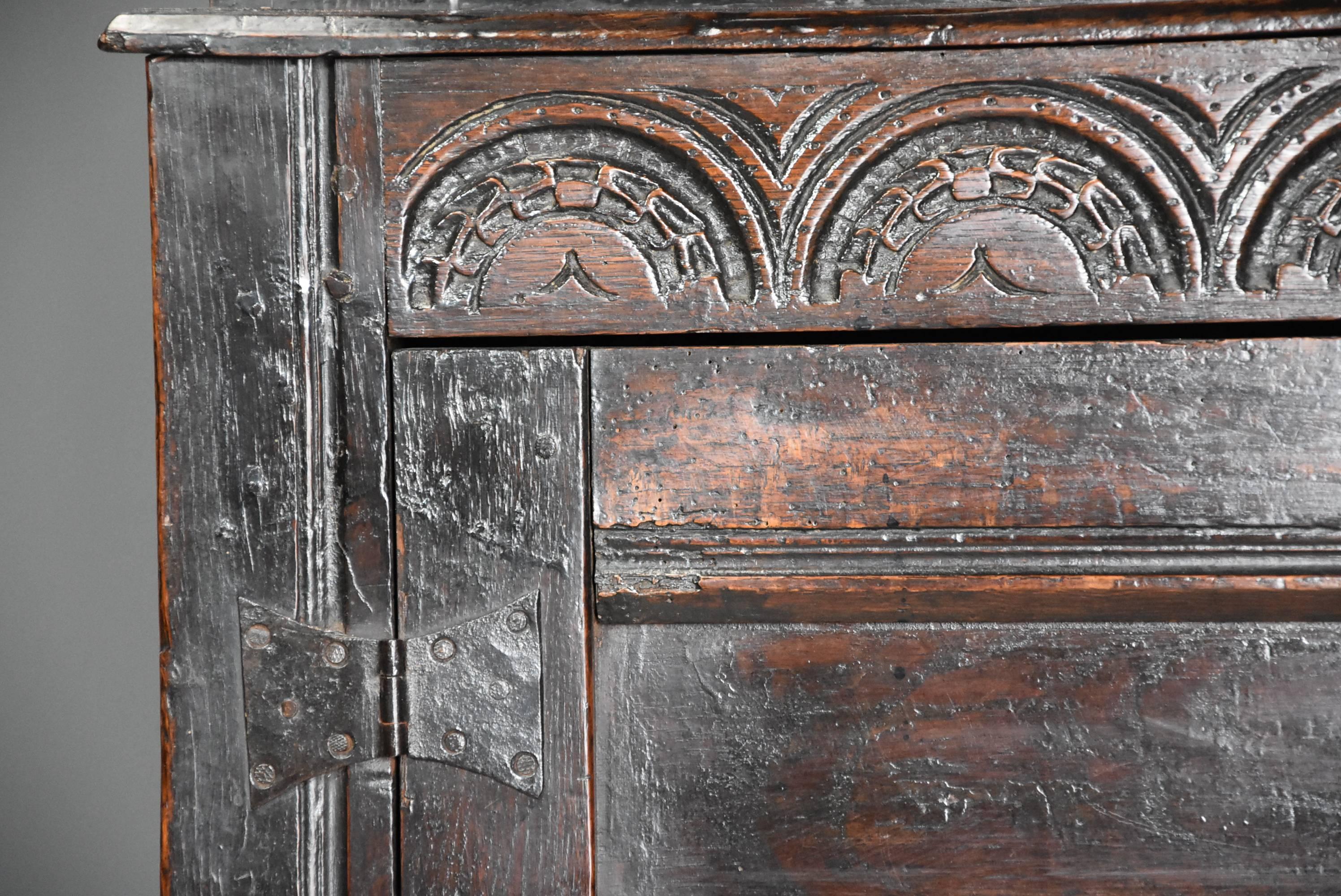 Mid-17th Century Carved Oak Press Cupboard with Superb Original Patina For Sale 6