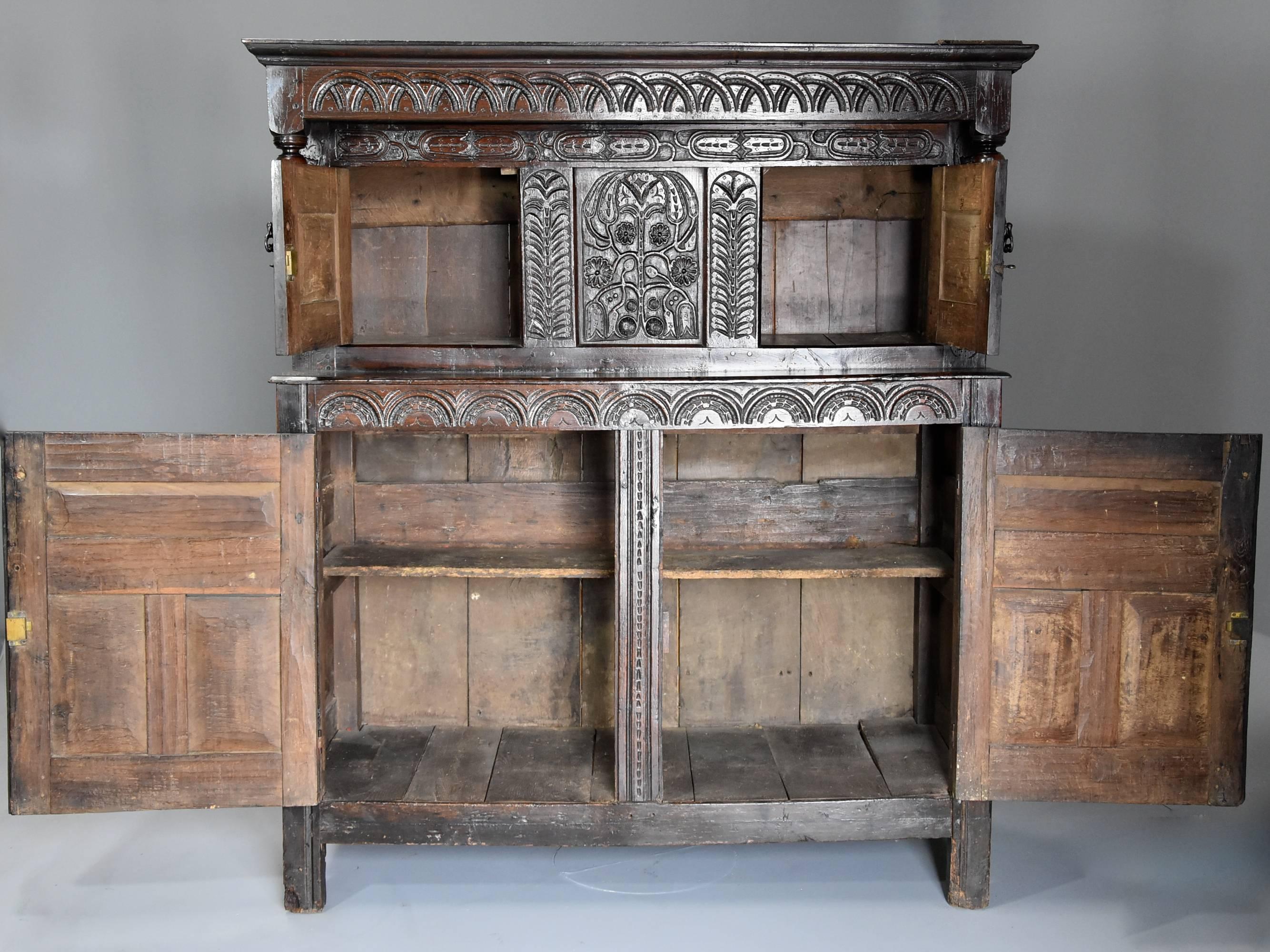 Mid-17th Century Carved Oak Press Cupboard with Superb Original Patina For Sale 7