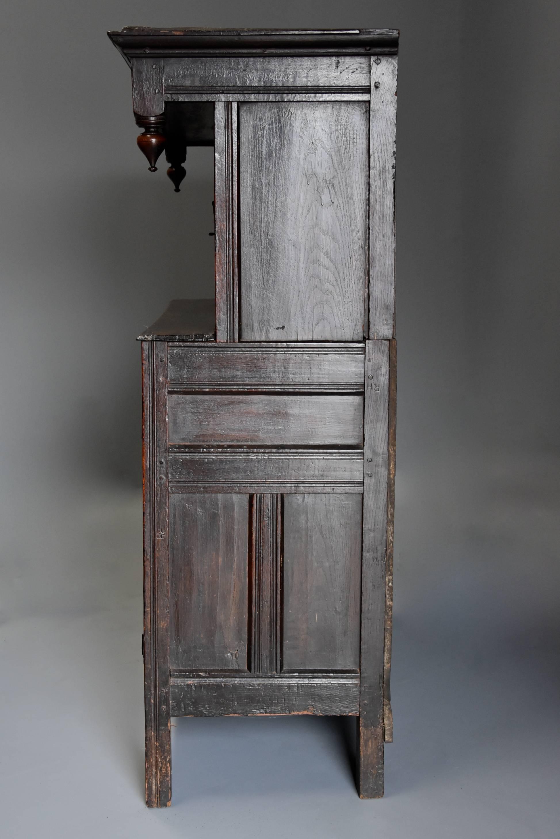 Mid-17th Century Carved Oak Press Cupboard with Superb Original Patina For Sale 8