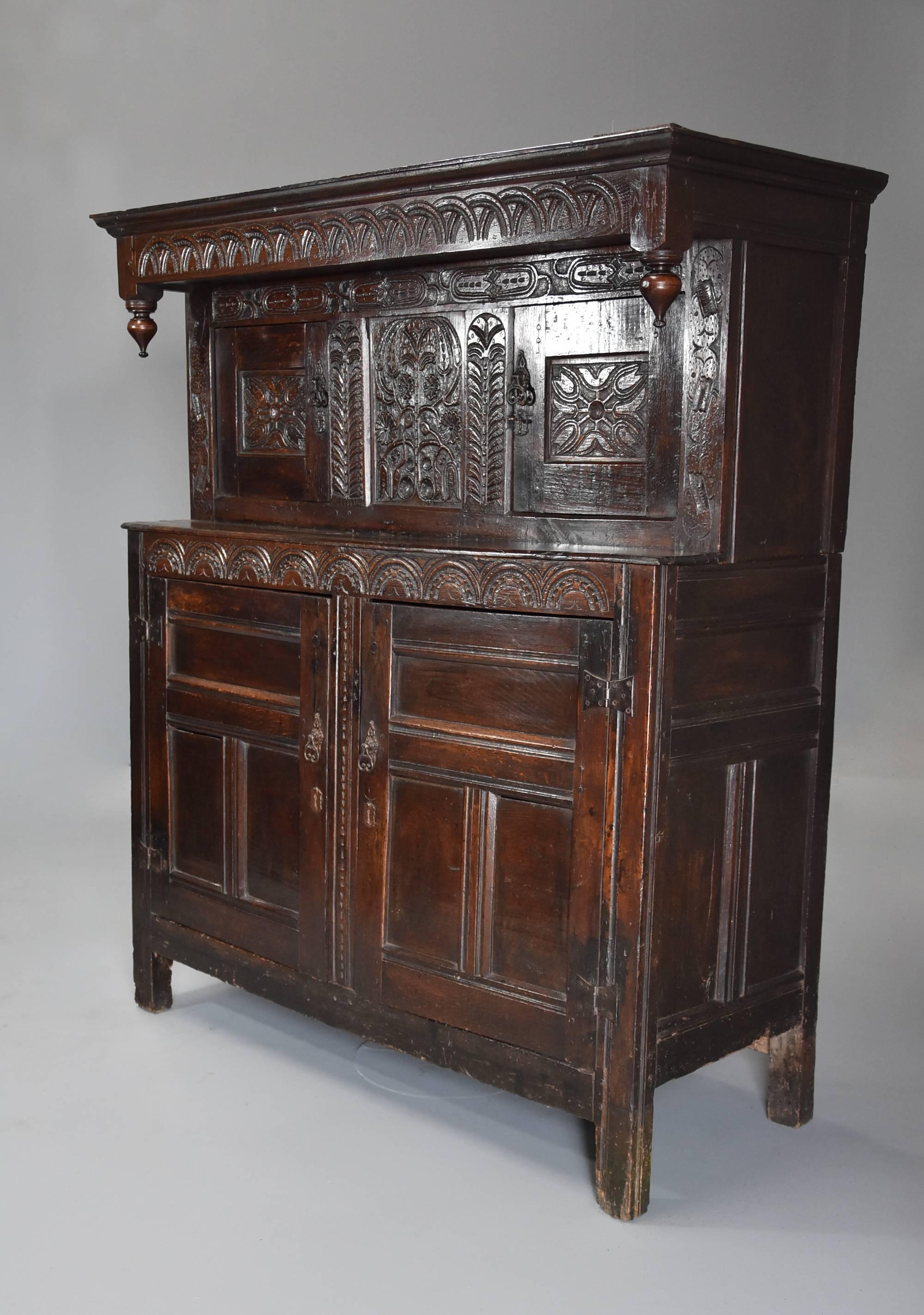 English Mid-17th Century Carved Oak Press Cupboard with Superb Original Patina For Sale