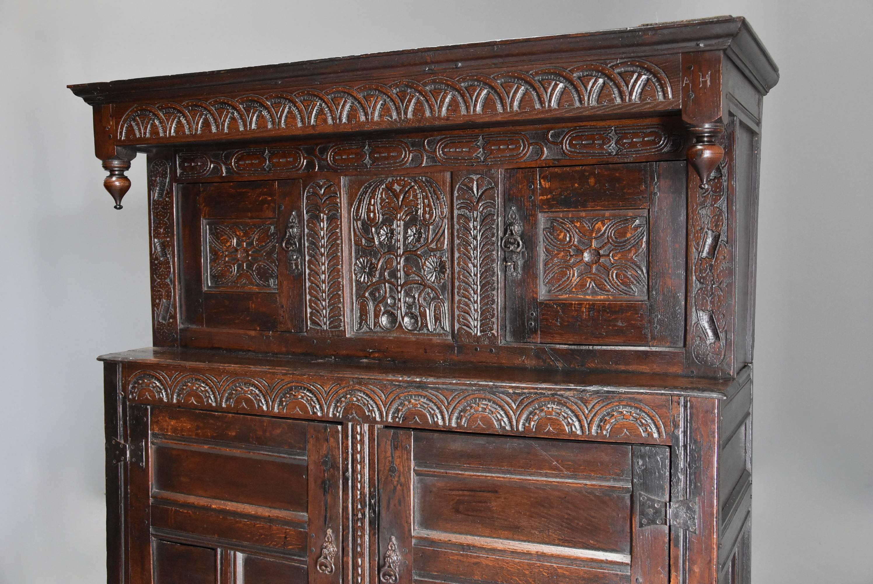 Mid-17th Century Carved Oak Press Cupboard with Superb Original Patina For Sale 1