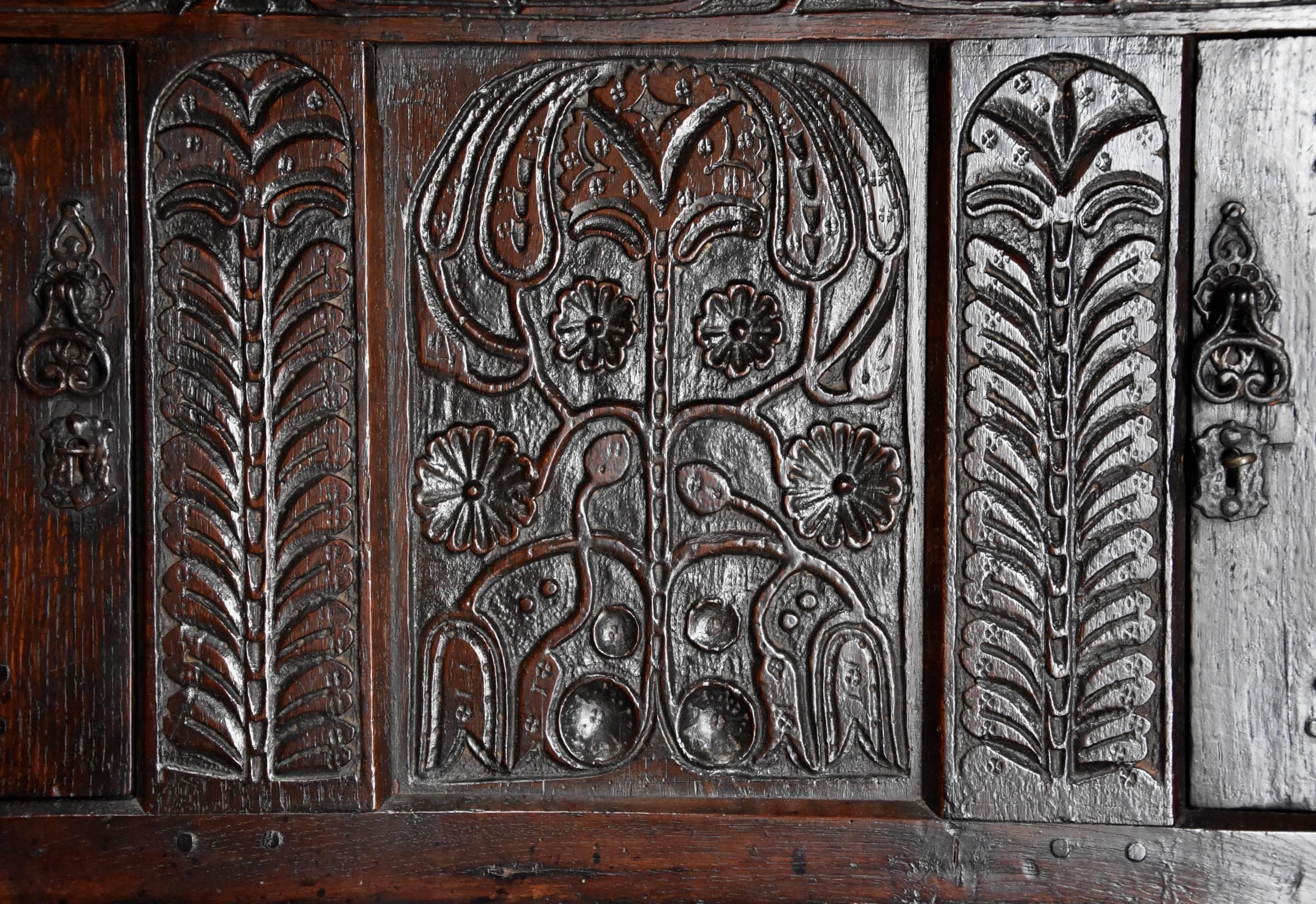Mid-17th Century Carved Oak Press Cupboard with Superb Original Patina For Sale 3