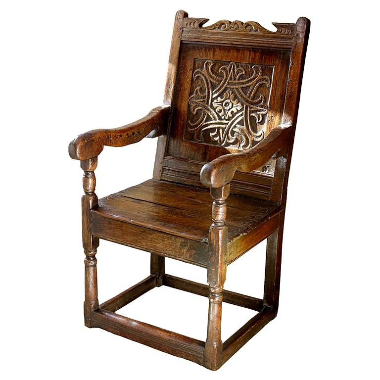 Mid-17th Century Carved Oak Wainscot Chair For Sale