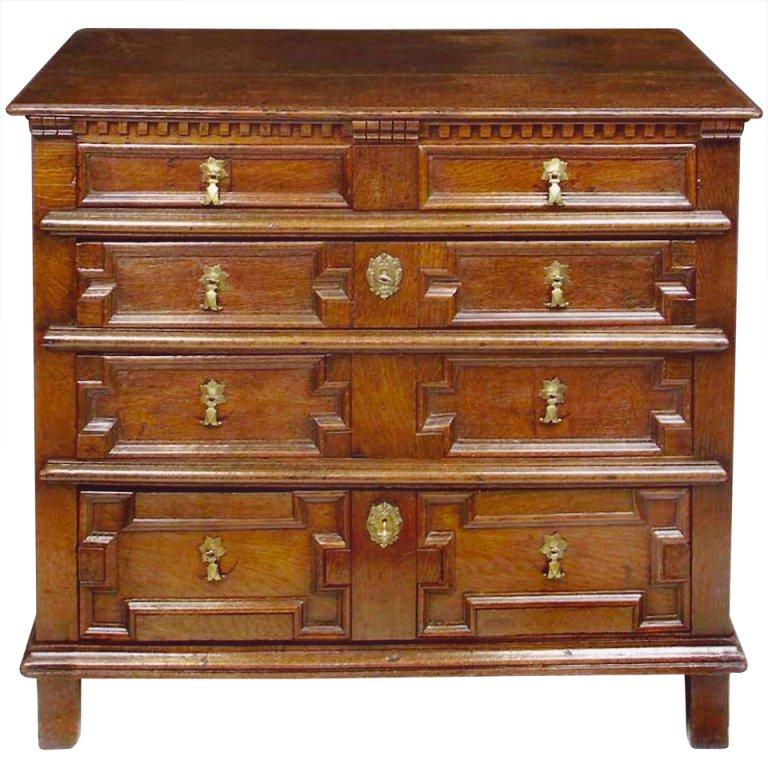 Mid 17th century Charles II period oak chest of drawers, geometric
