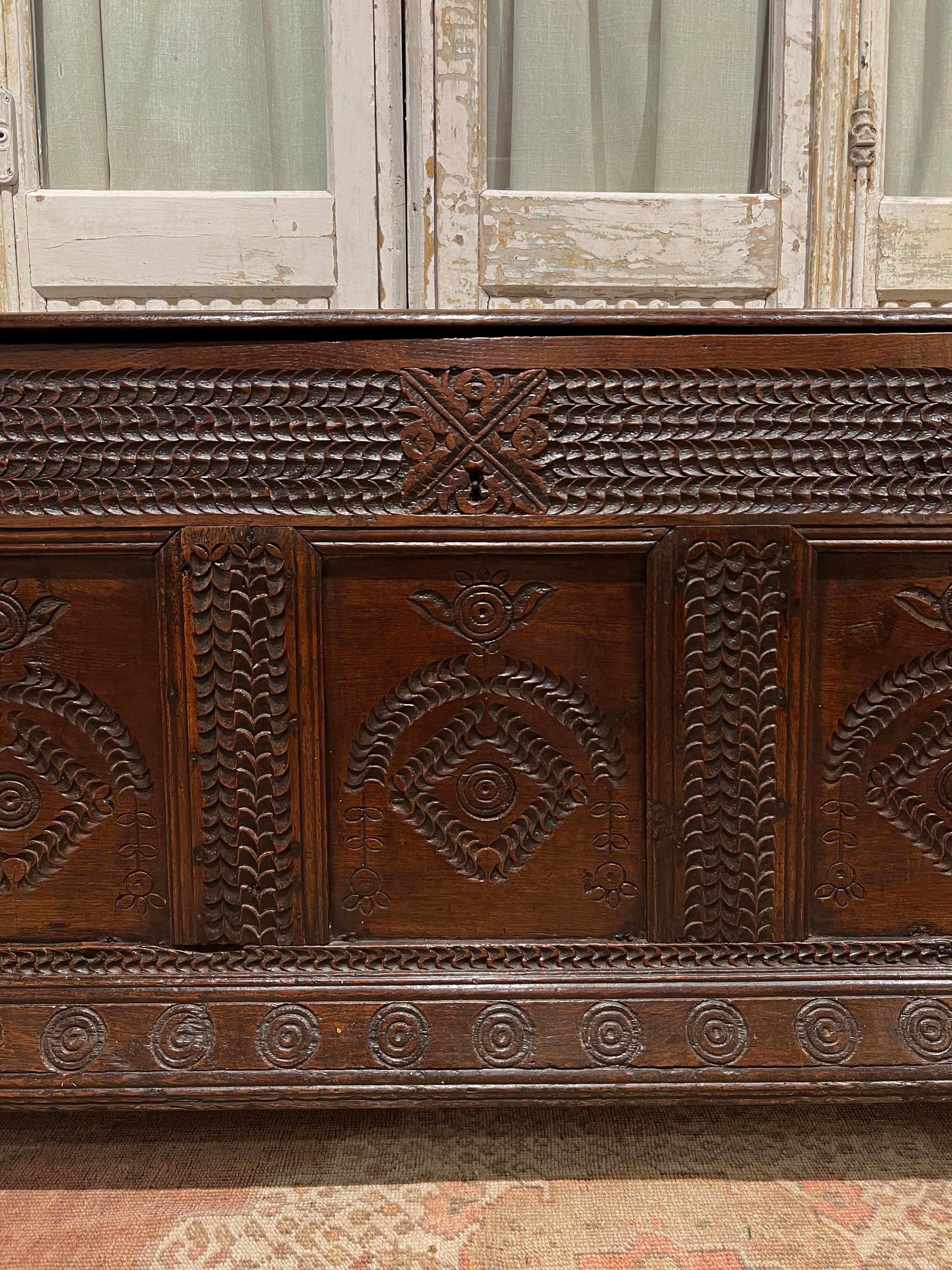 Charles II Mid-17th Century English Carved Oak Blanket Chest For Sale