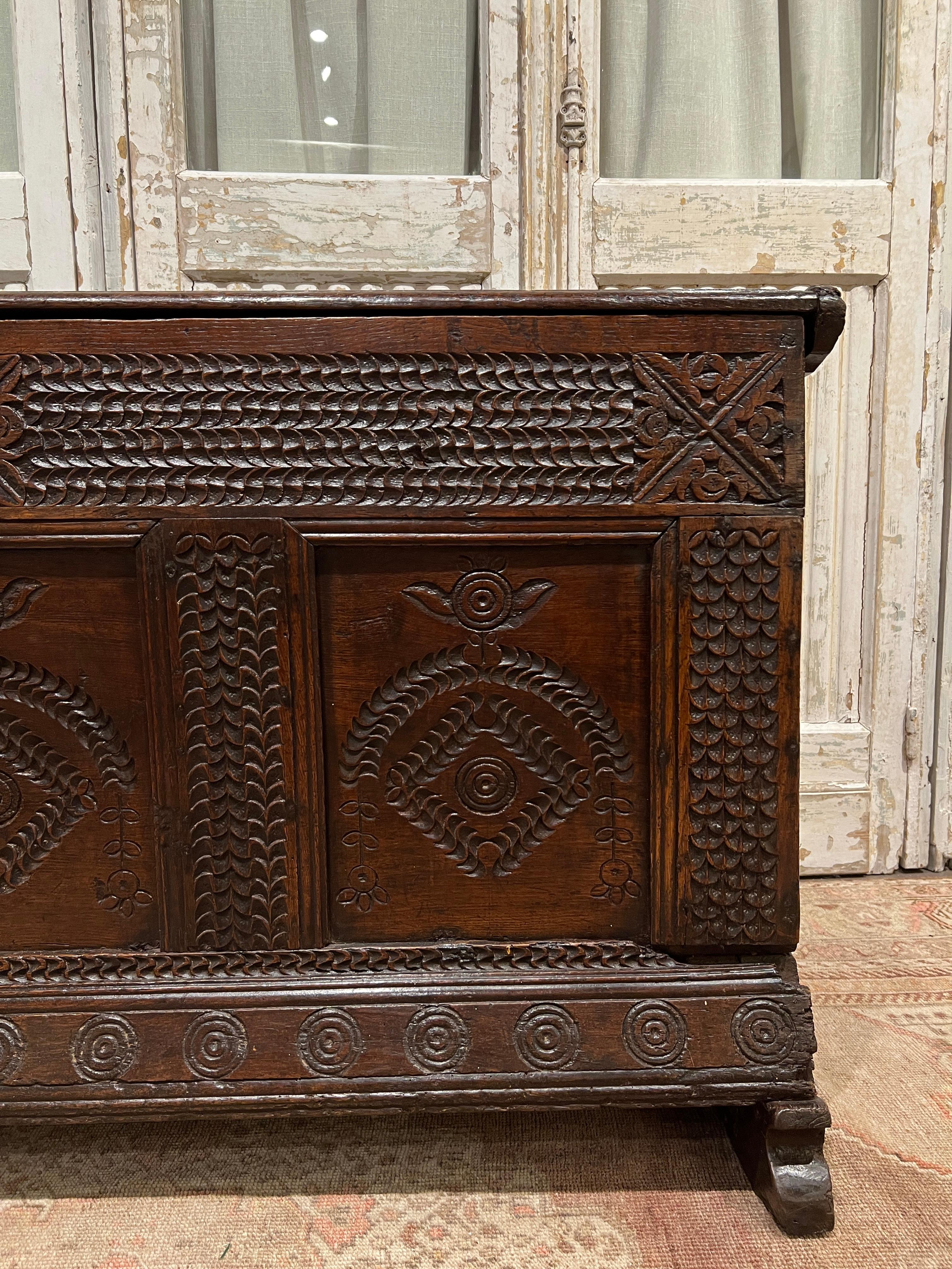 Mid-17th Century English Carved Oak Blanket Chest In Good Condition For Sale In Alpharetta, GA
