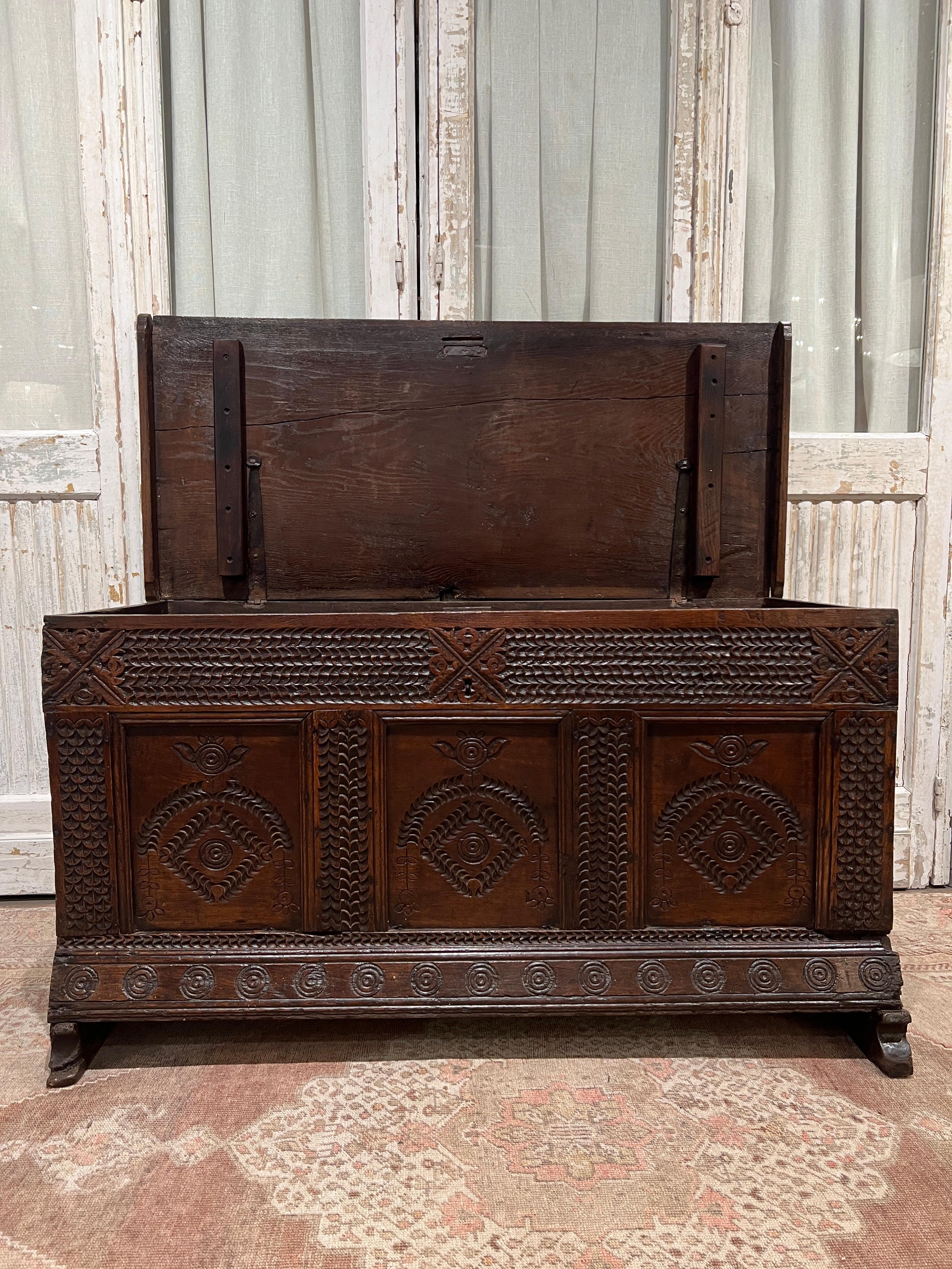 Iron Mid-17th Century English Carved Oak Blanket Chest For Sale