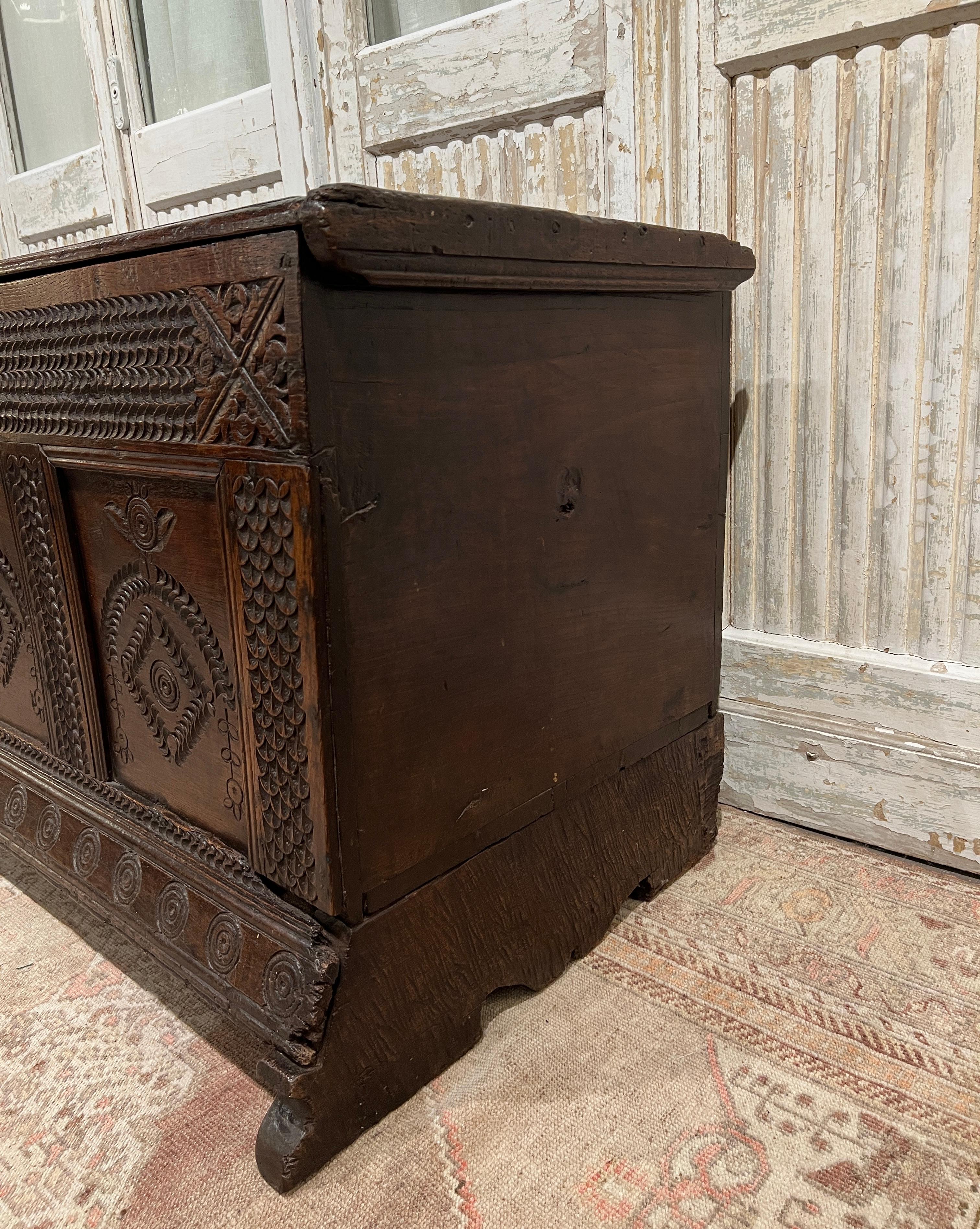 Mid-17th Century English Carved Oak Blanket Chest For Sale 4