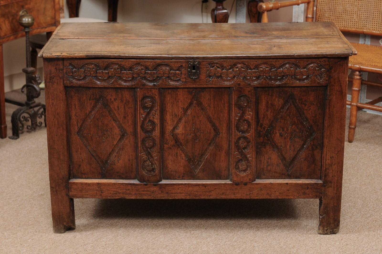 Mid-17th Century English Oak Coffer with Diamond Carving 6