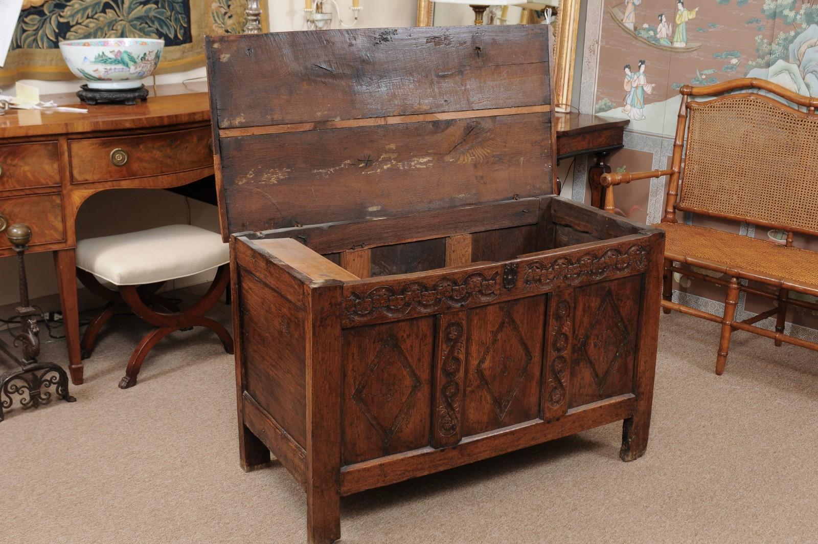 18th Century and Earlier Mid-17th Century English Oak Coffer with Diamond Carving