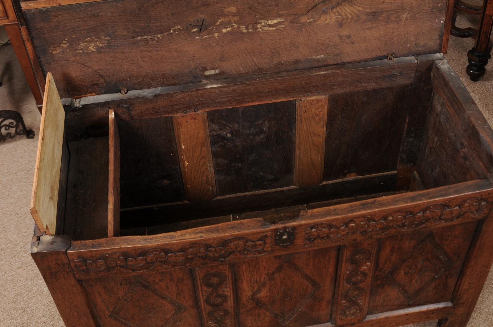 Mid-17th Century English Oak Coffer with Diamond Carving 1