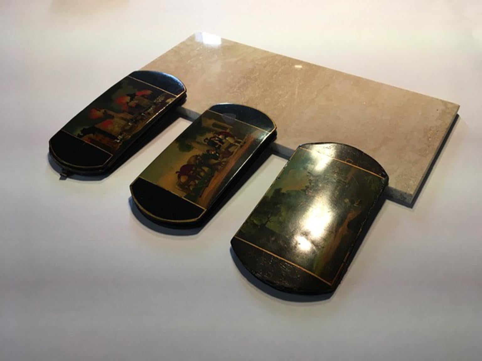 Mid-18th Century Set of Three Lacquered Wood Boxes with Landscape Scenes For Sale 4
