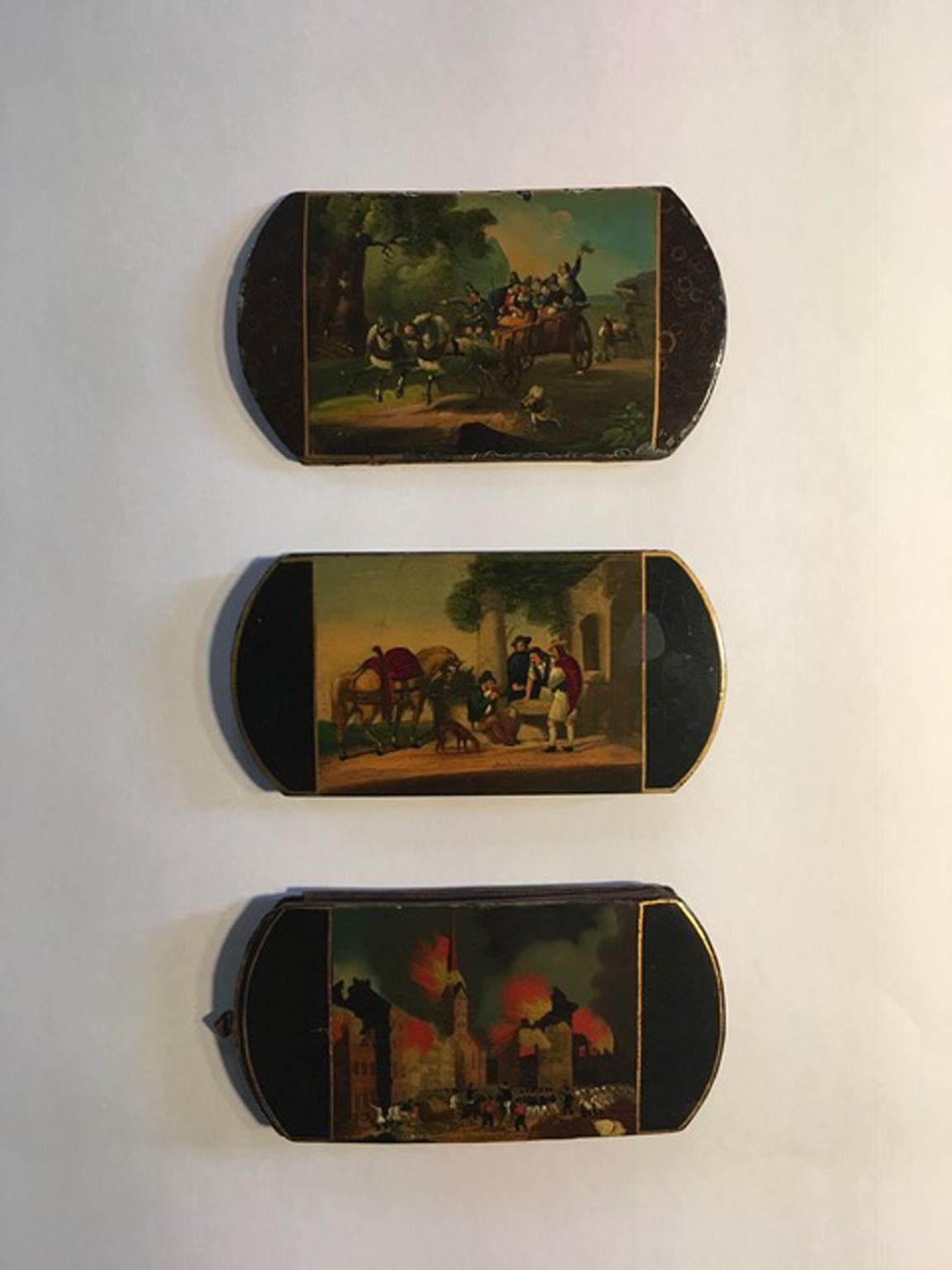 These fine wood lacquered boxes are in Baroque style. There are natural landscape and one of these has the scene of the fire in the town of Edimburgh.
The paintings are very detailed as a Flemish painting can be

The provenience should be