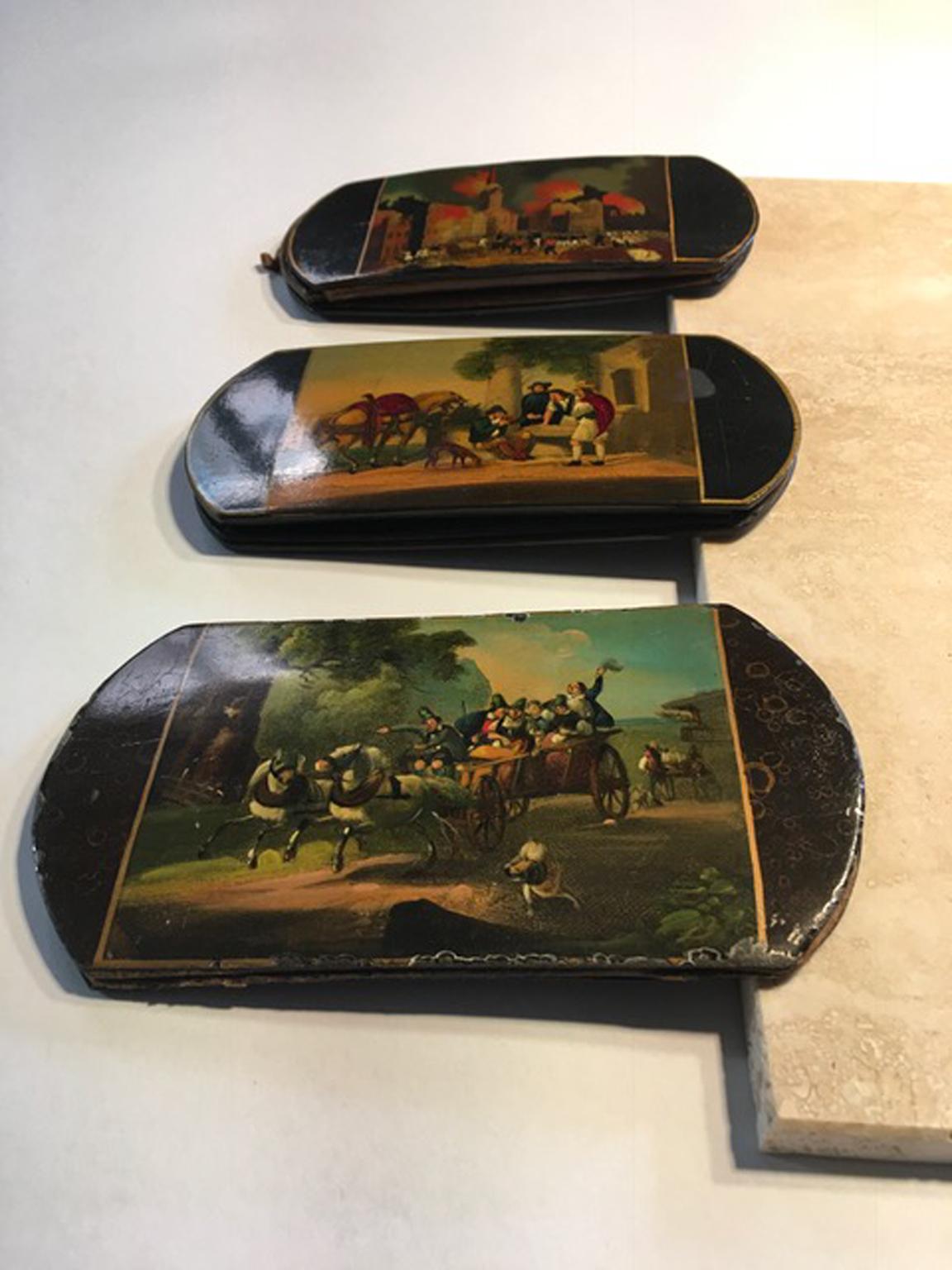 Mid-18th Century Set of Three Lacquered Wood Boxes with Landscape Scenes For Sale 2