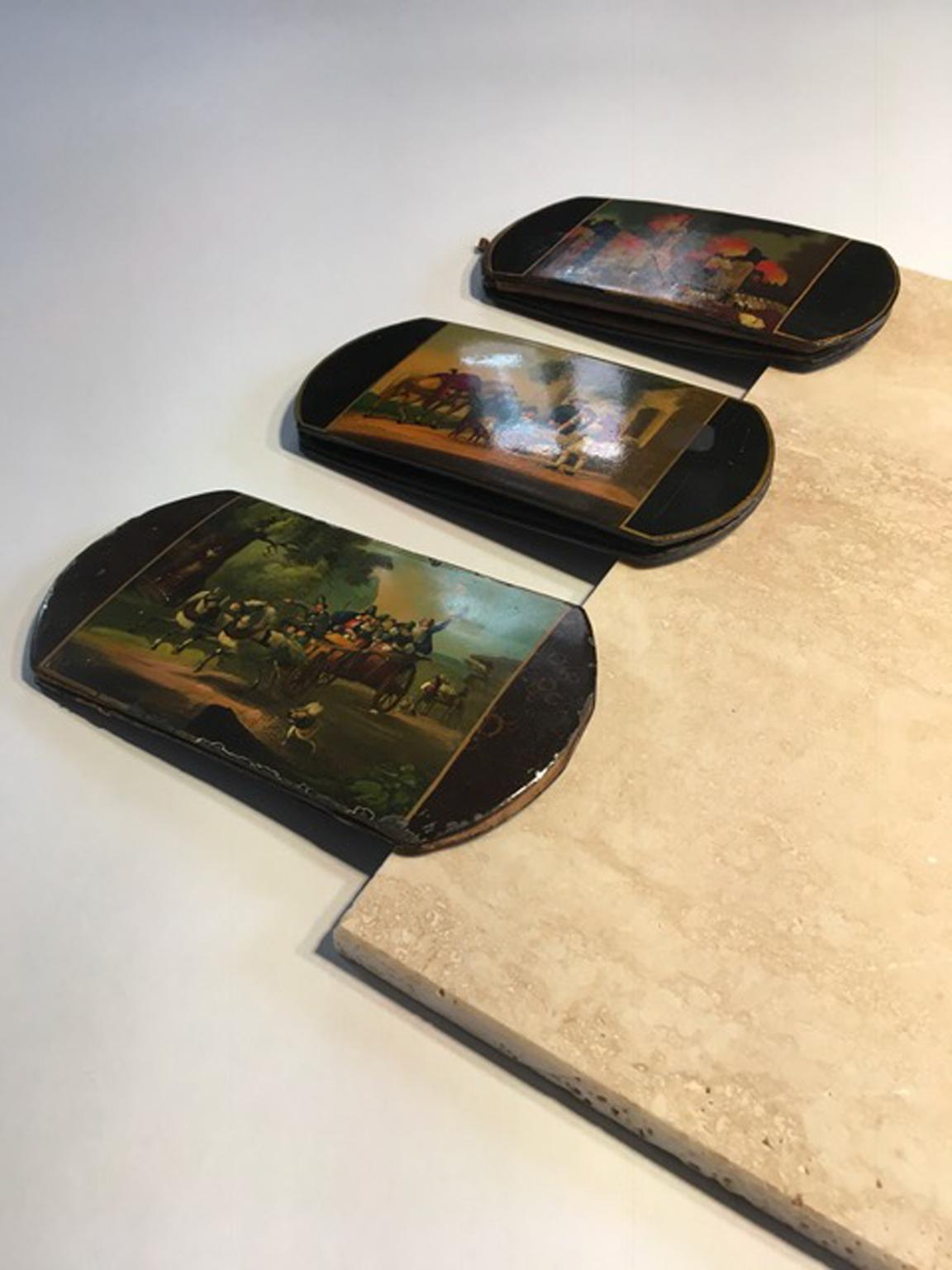 Mid-18th Century Set of Three Lacquered Wood Boxes with Landscape Scenes For Sale 3