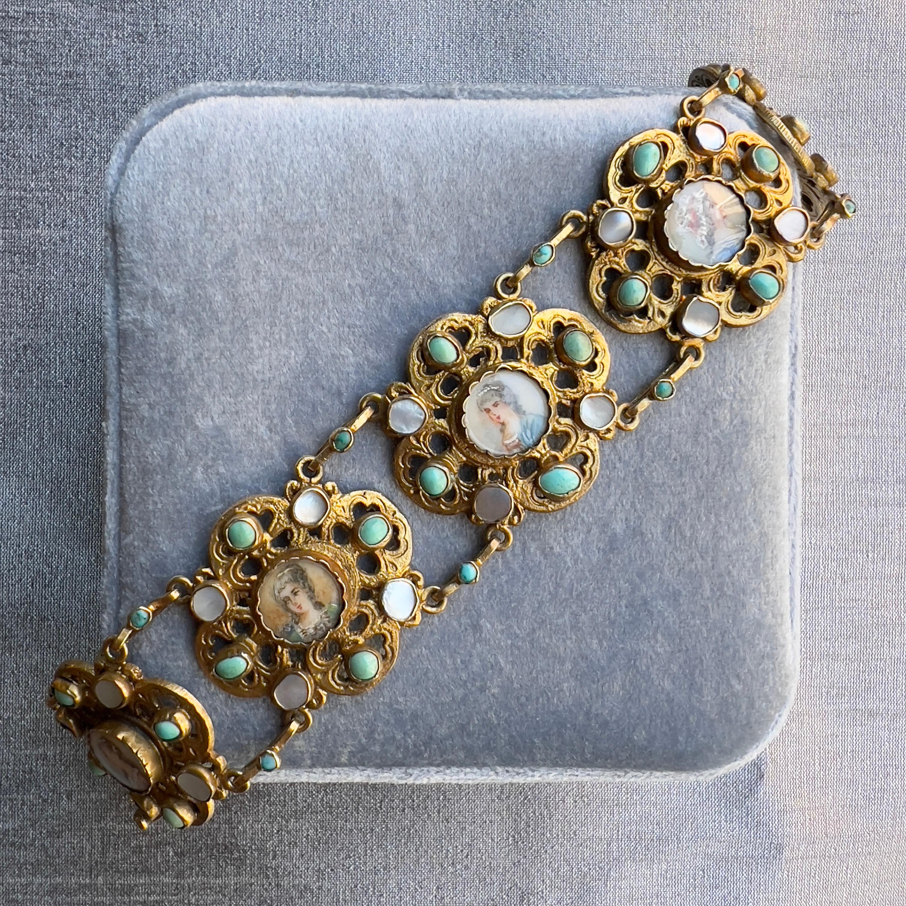 Exceptionally rare and fascinating, this bracelet was created in the mid 1800s.

Condition Report:
Excellent 

The Details...
This bracelet is constructed from silver gilt it is stamped in 3 places with a French Poinçon or silver hallmark. In the
