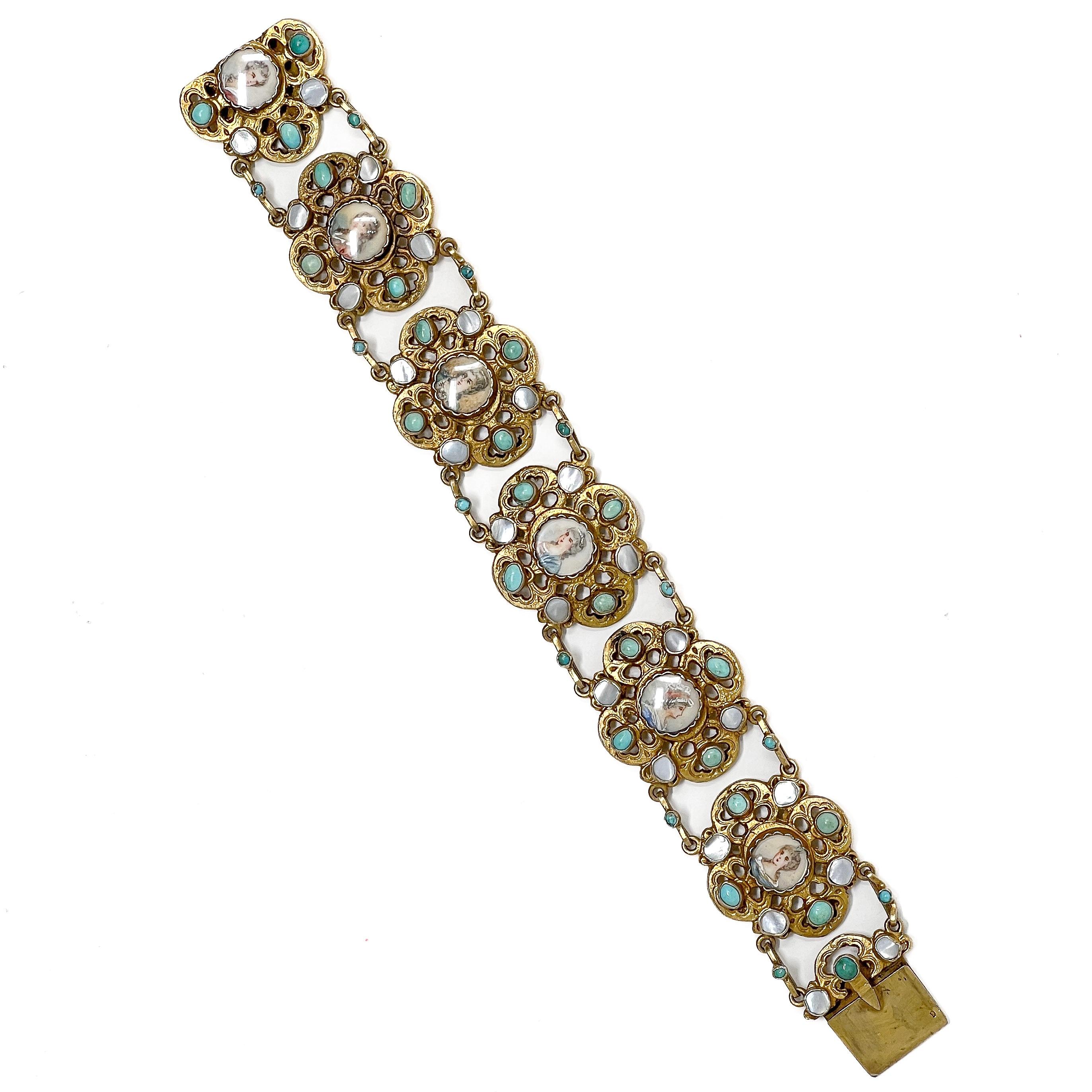 Cabochon Mid-1800s Austro-Hungarian Design French Silver Antique Portrait Bracelet For Sale