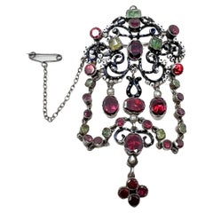 Antique Mid-1800s Austro-Hungarian Renaissance Revival Garnet, Emerald and Enamel Brooch
