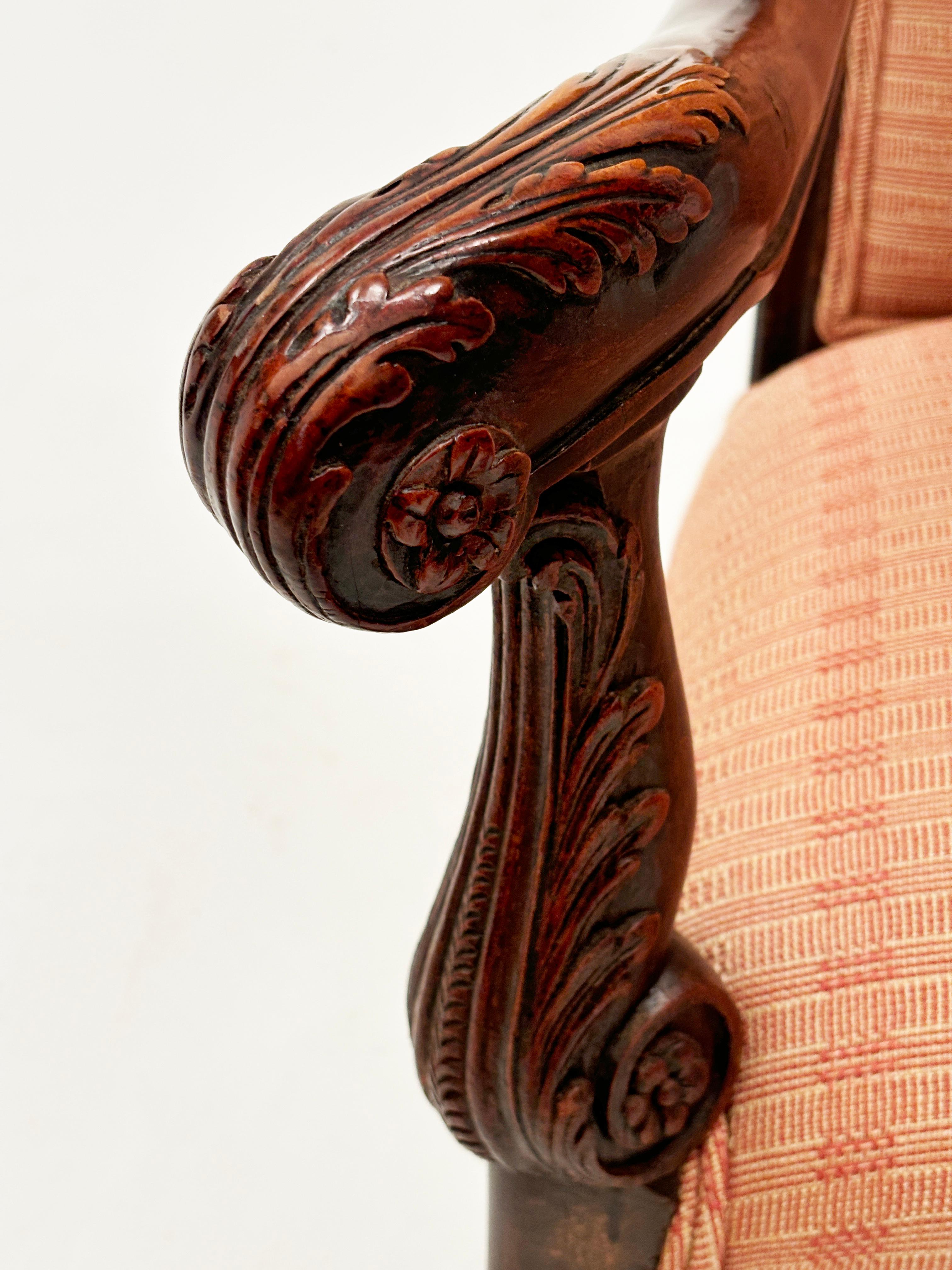 Hand-Carved Mid 1800's French Regency Upholstered Chair with Ornately Carved Arms, Legs For Sale