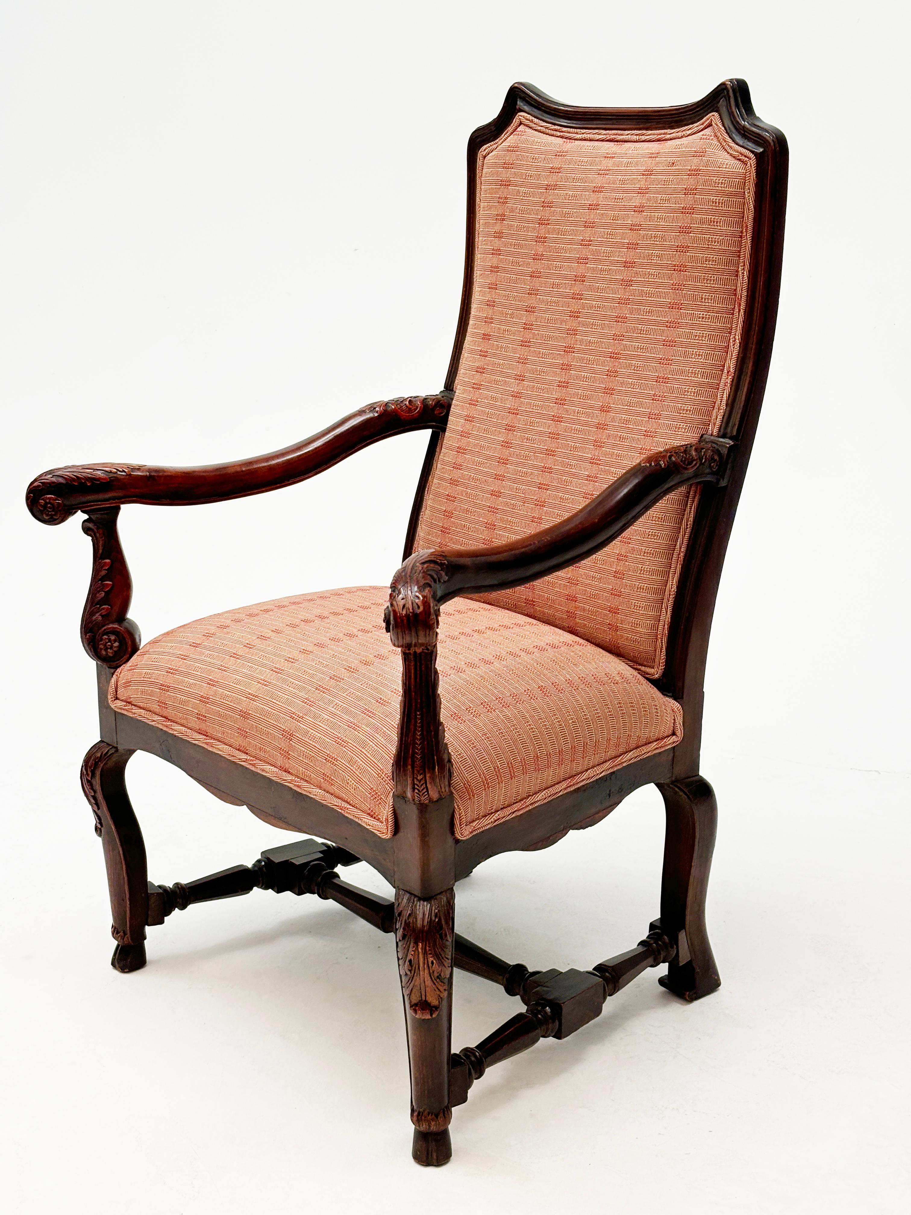 Mid 1800's French Regency Upholstered Chair with Ornately Carved Arms, Legs For Sale 1