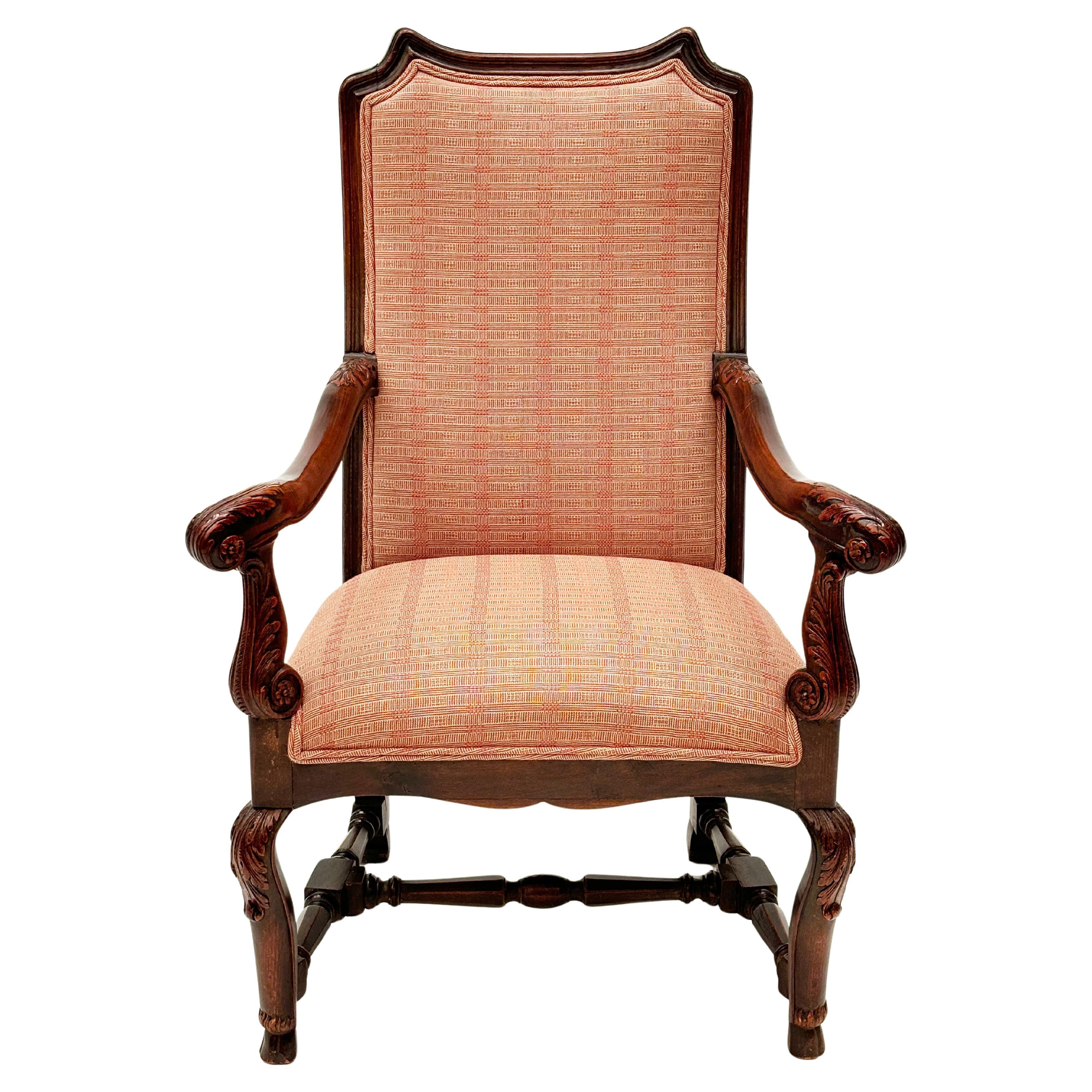 Mid 1800's French Regency Upholstered Chair with Ornately Carved Arms, Legs
