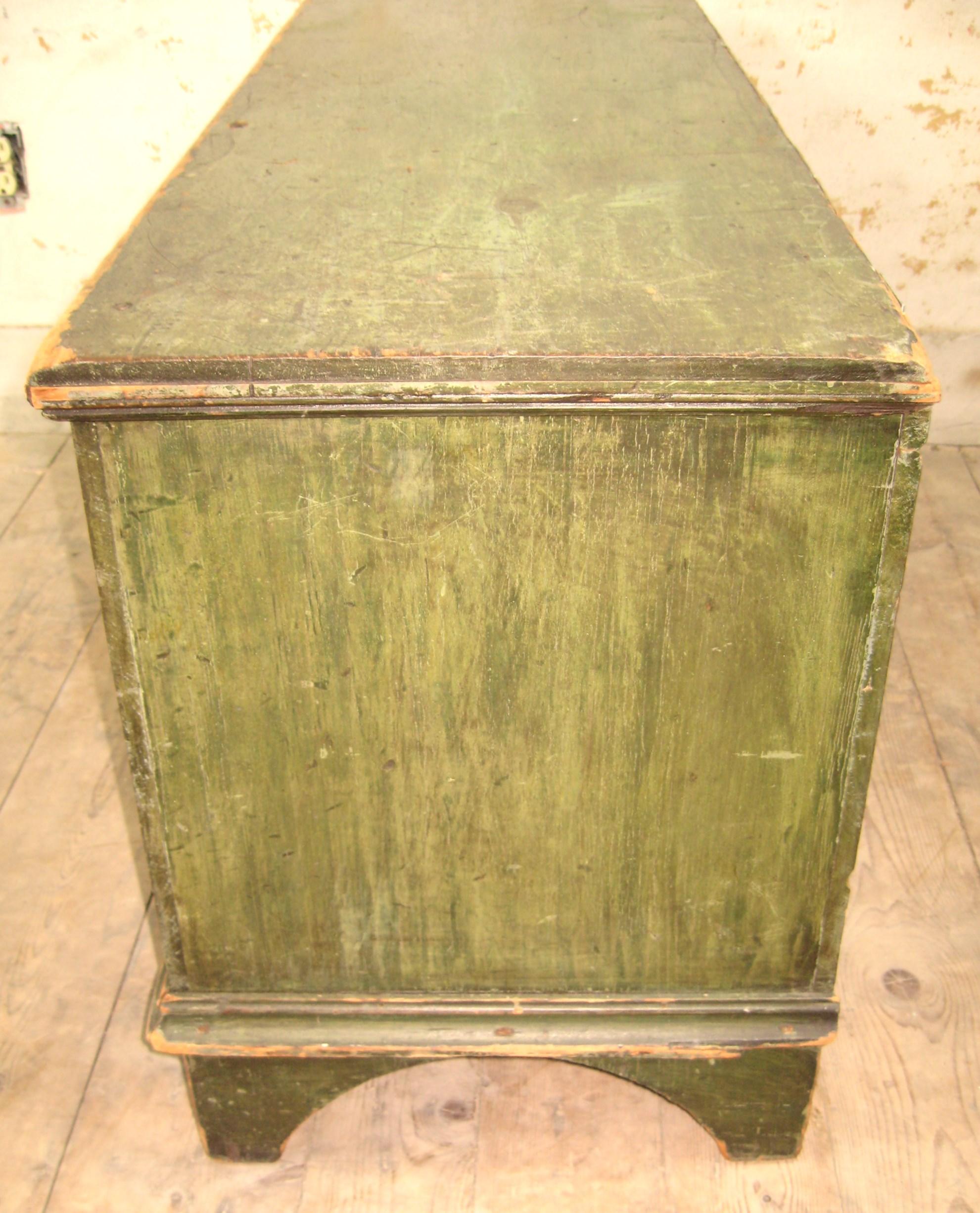 19th Century Mid 1800's Primitive Green Painted 6 board Blanket Chest For Sale
