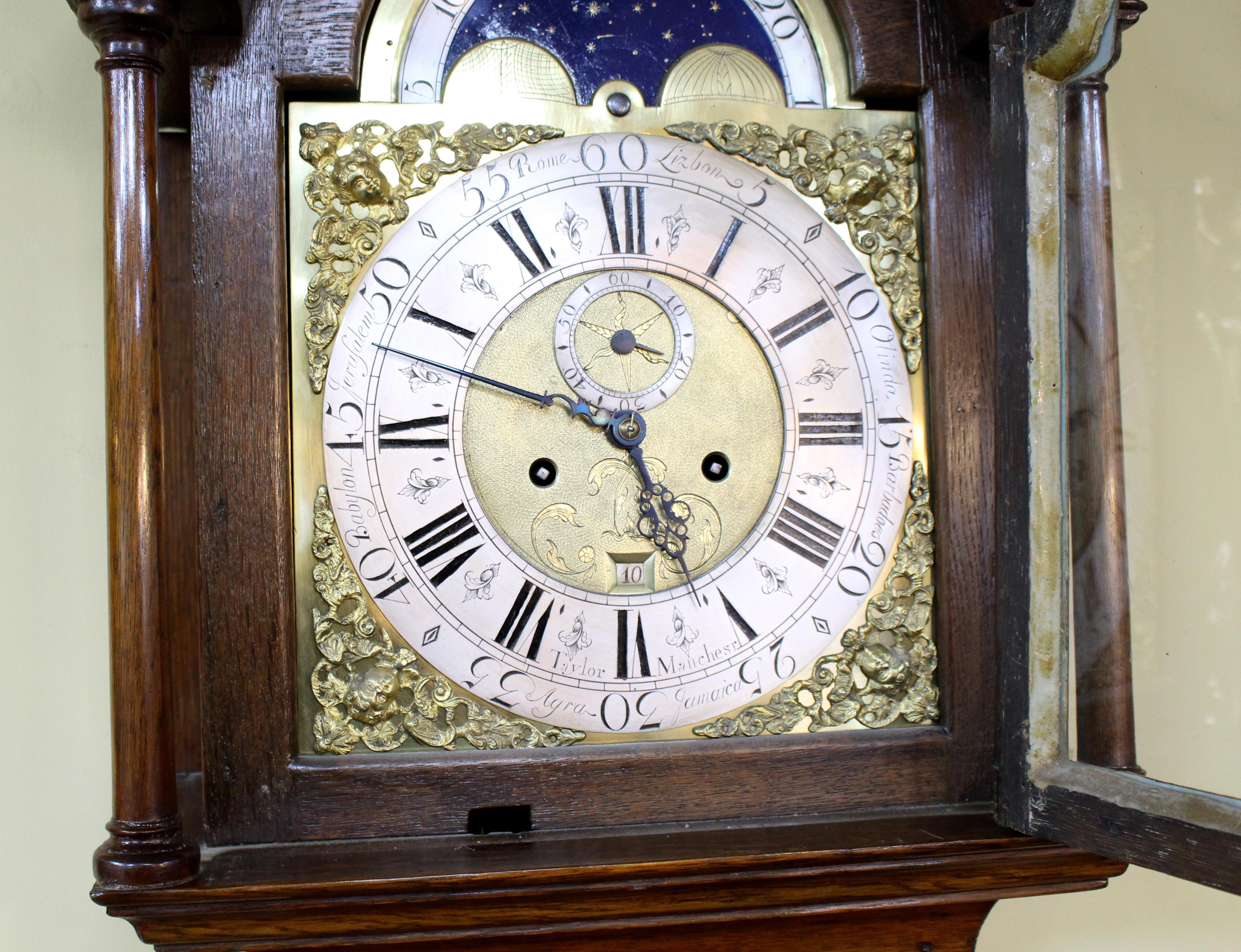 18th Century and Earlier Mid-18th Century Eight Day Oak Longcase Clock by John Taylor of Manchester For Sale