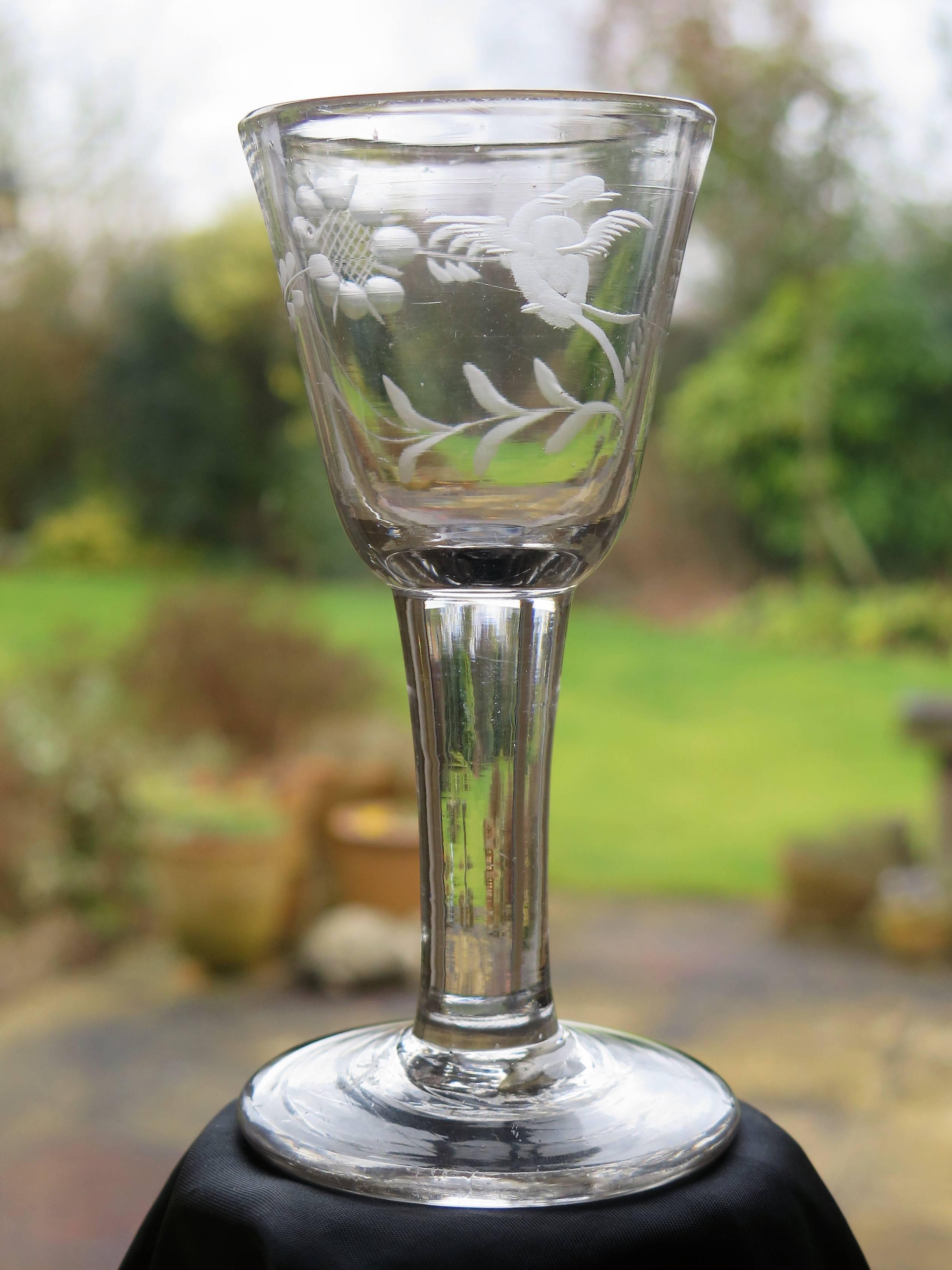 Mid18th Century English Wine Drinking Glass Engraved Jacobite Rose