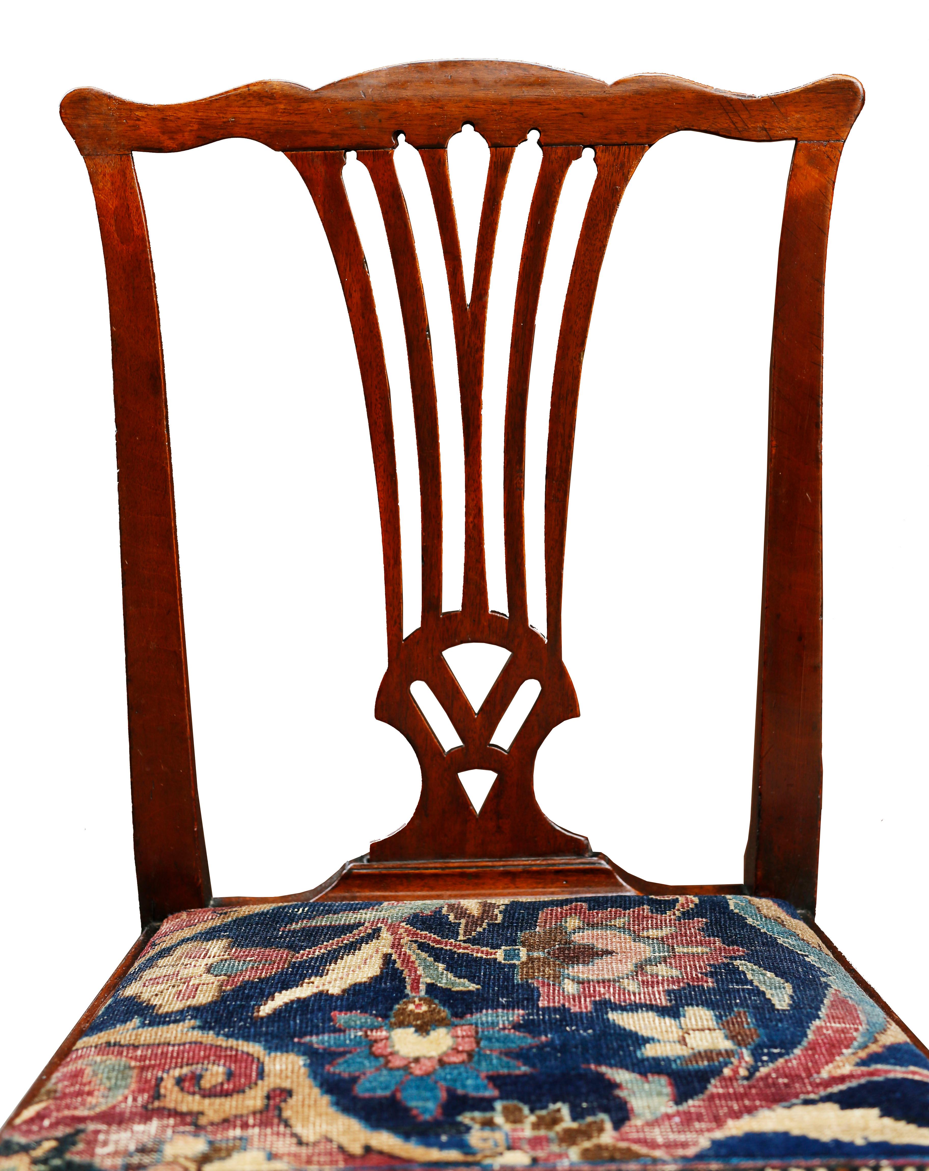 Wool Mid-18th Century American Walnut Chippendale Chairs with Ushak Seats