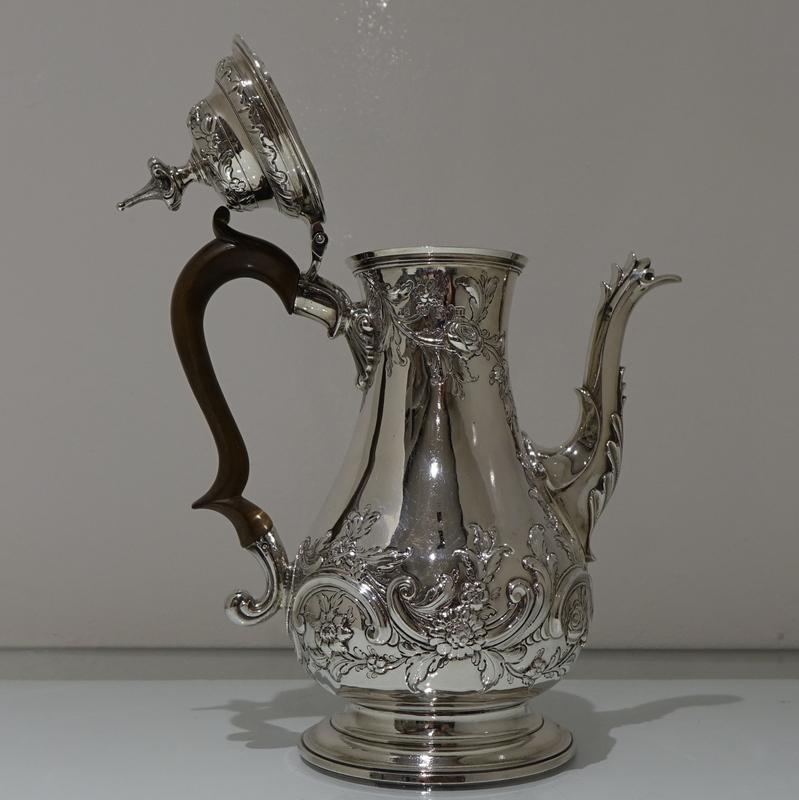 Mid-18th Century Antique George III Sterling Silver Rococo Coffee Pot, London For Sale 9