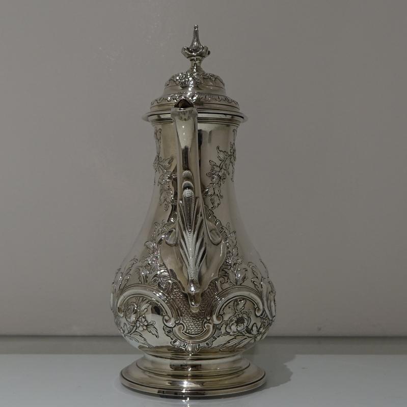 British Mid-18th Century Antique George III Sterling Silver Rococo Coffee Pot, London For Sale
