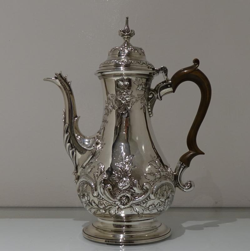 Mid-18th Century Antique George III Sterling Silver Rococo Coffee Pot, London For Sale 1