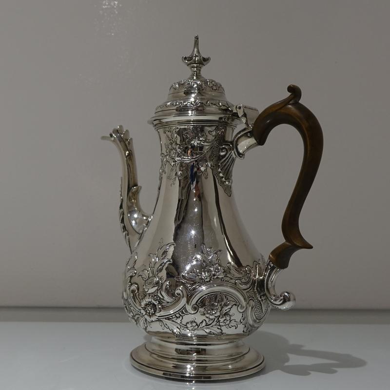 Mid-18th Century Antique George III Sterling Silver Rococo Coffee Pot, London For Sale 3