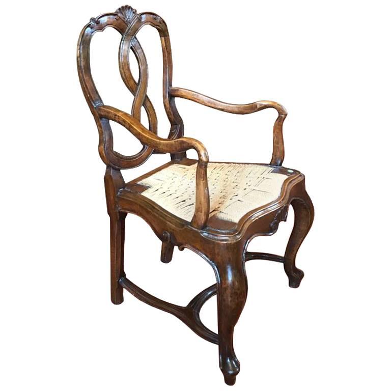 Venezia Mid-18th Century Baroque Hand-Carved Walnut Armchair For Sale