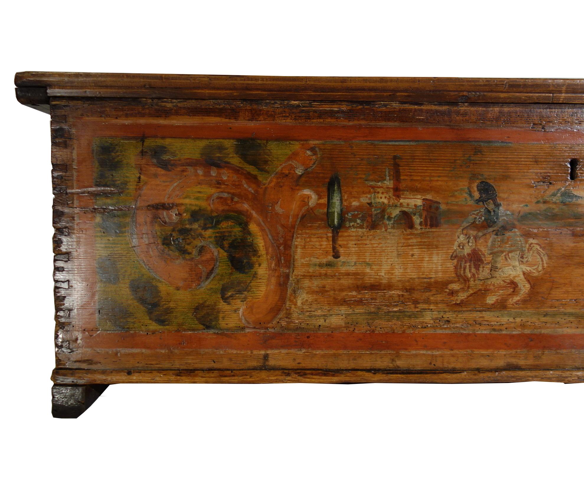 Hand-Painted 18th Century Antique Italian Cassina Marchigiana Hand Painted Nuptial Chest